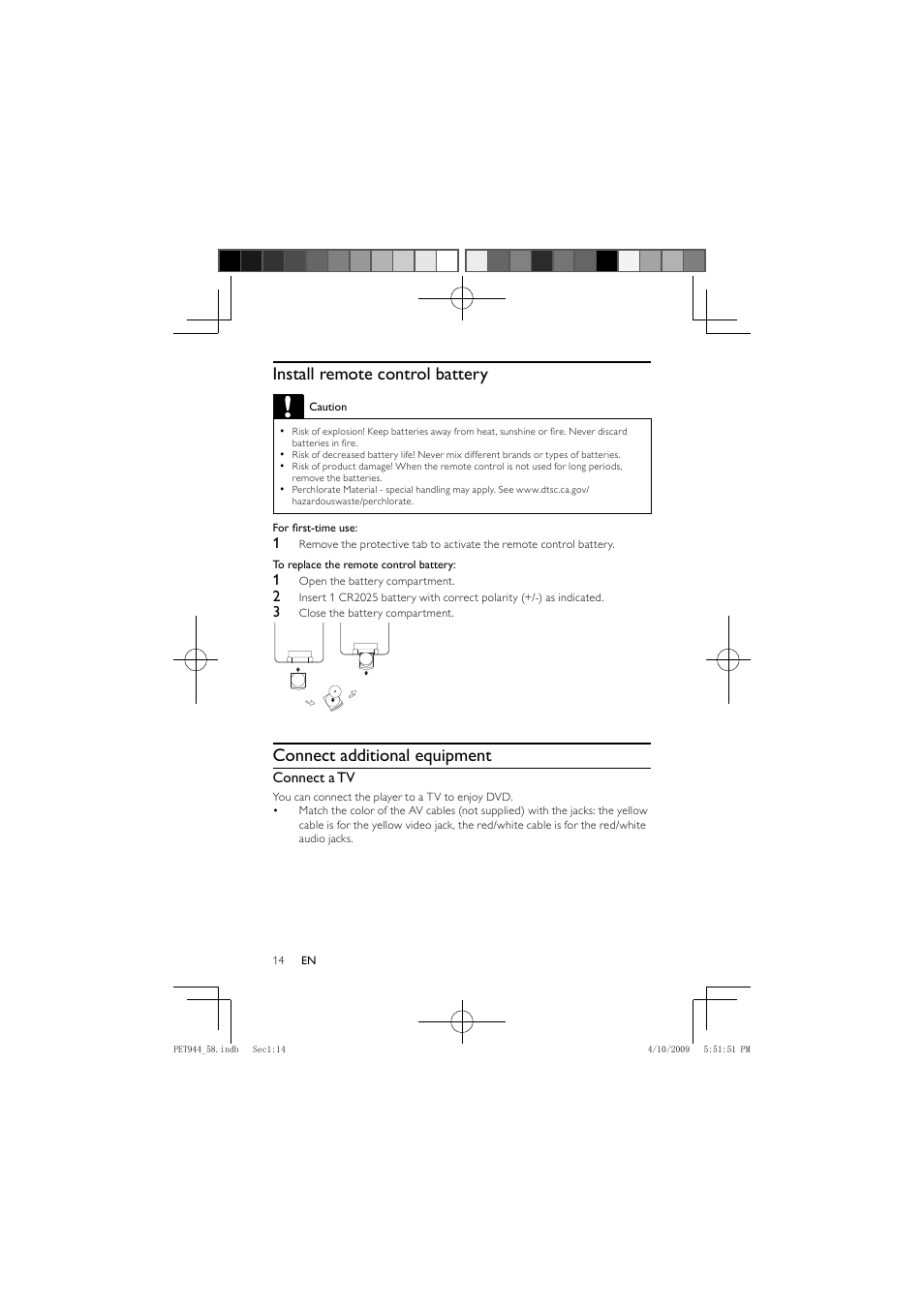 Install remote control battery, Connect additional equipment | Philips PET944 User Manual | Page 13 / 20