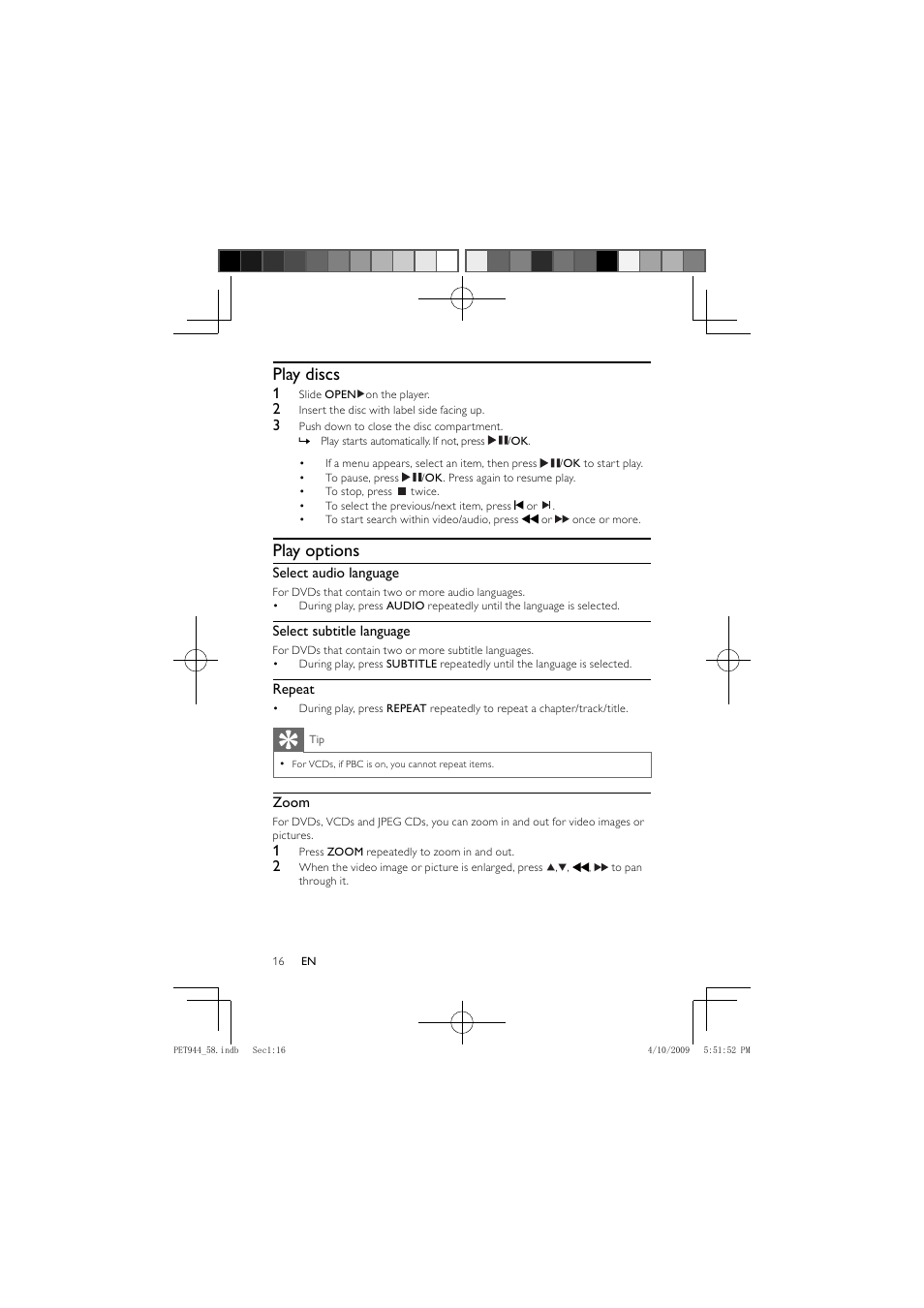 Play discs, Play options | Philips PET944 User Manual | Page 15 / 20