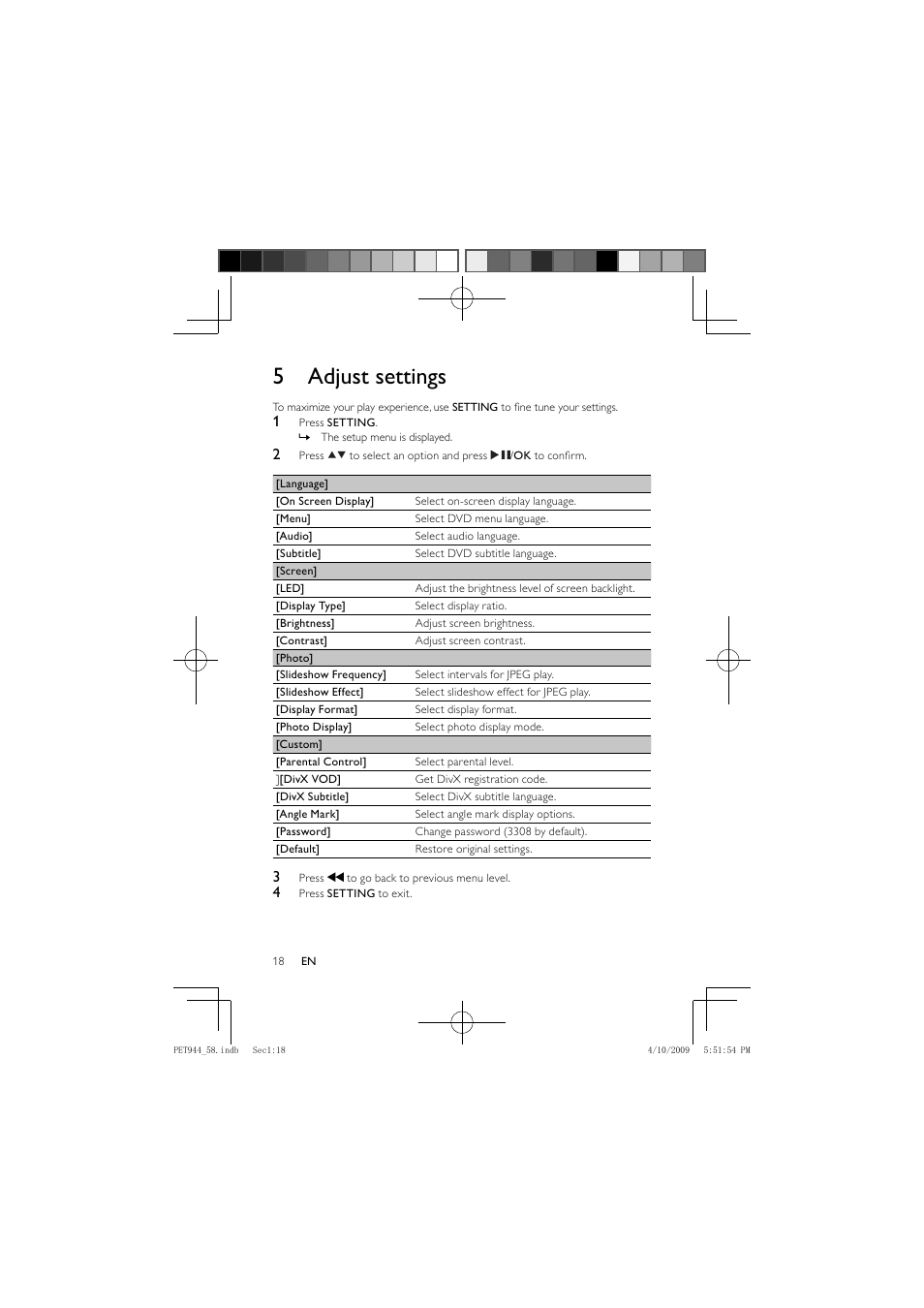 5 adjust settings | Philips PET944 User Manual | Page 17 / 20