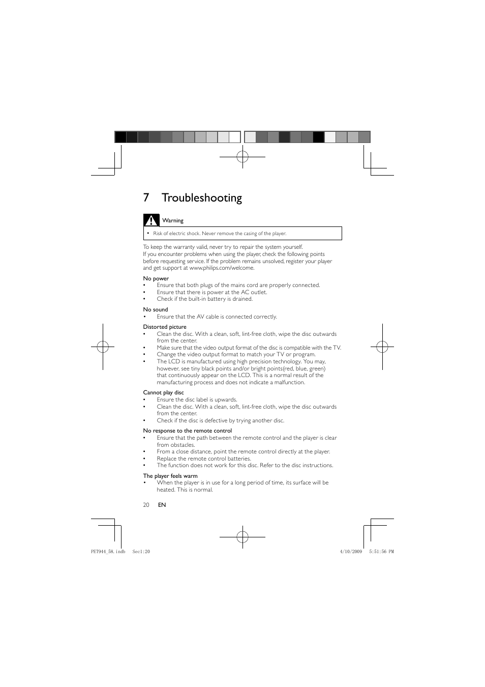7troubleshooting | Philips PET944 User Manual | Page 19 / 20
