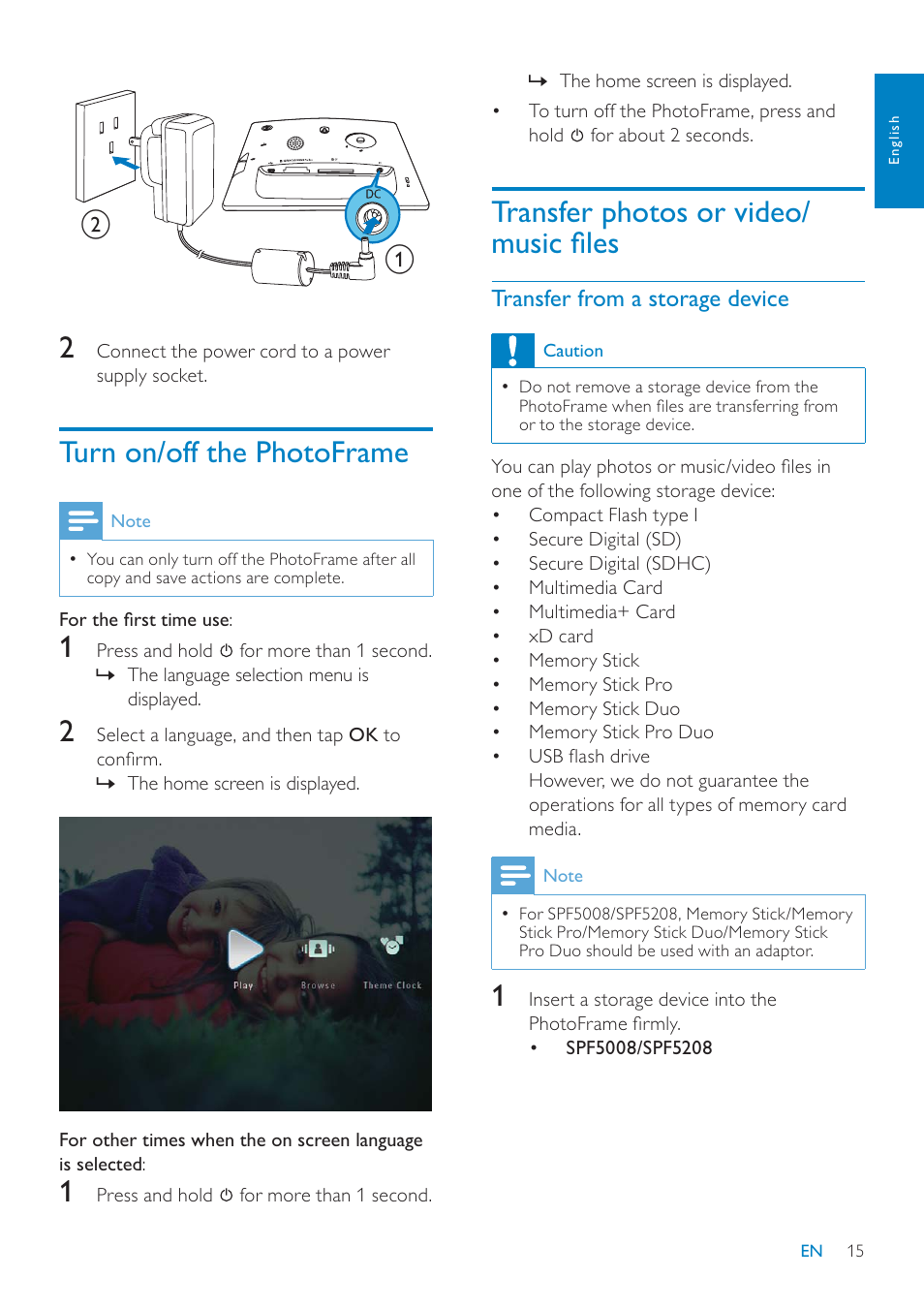 Transfer photos or video/ pxvlfàohv, Turn on/off the photoframe | Philips SPF7010 User Manual | Page 15 / 60