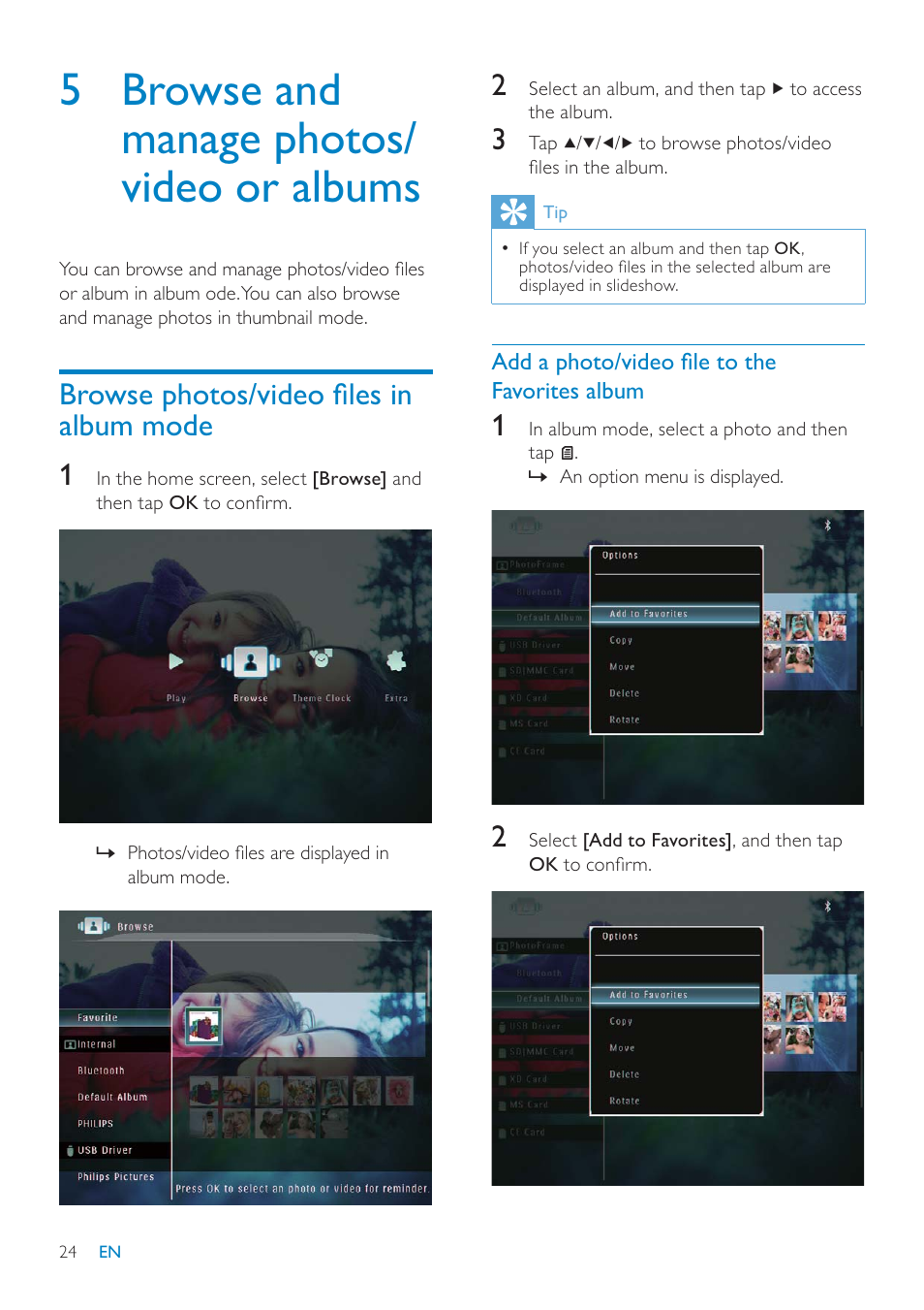 5 browse and manage photos/ video or albums, Urzvhskrwrvylghràohvlq album mode 1 | Philips SPF7010 User Manual | Page 24 / 60