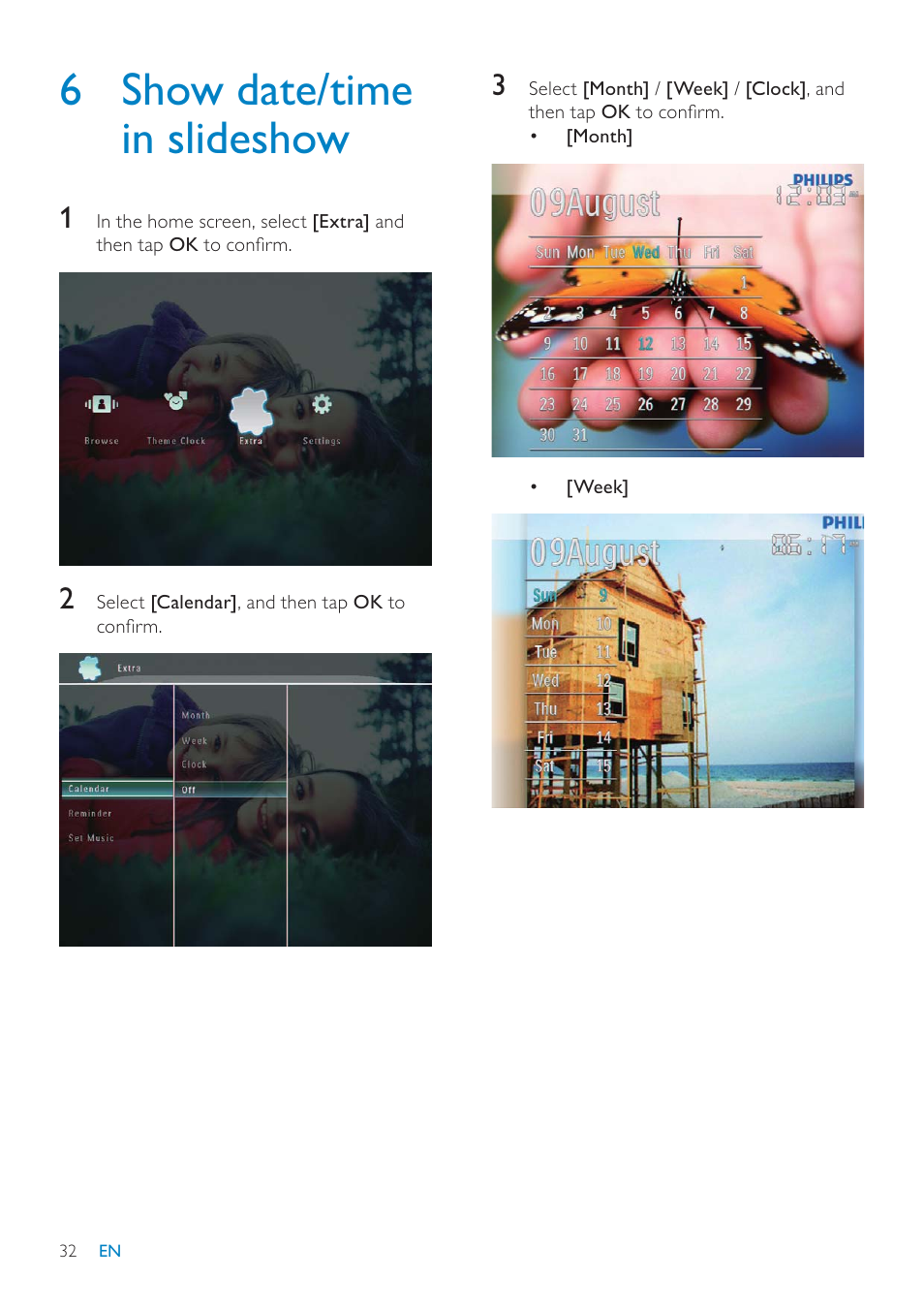 6 show date/time in slideshow | Philips SPF7010 User Manual | Page 32 / 60