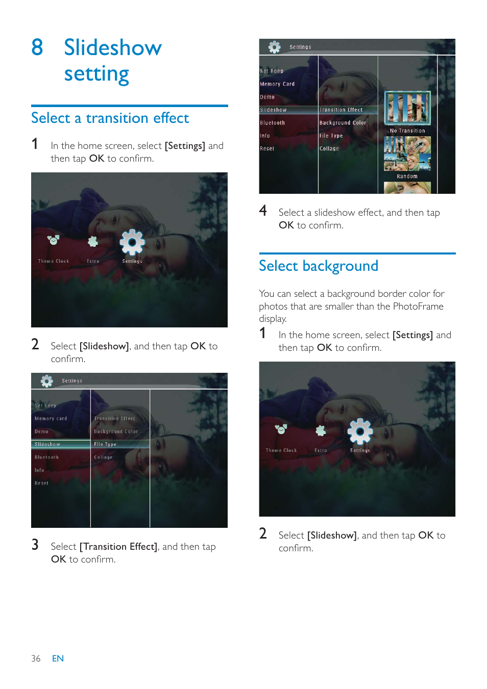 8 slideshow setting, Select background, Select a transition effect 1 | Philips SPF7010 User Manual | Page 36 / 60