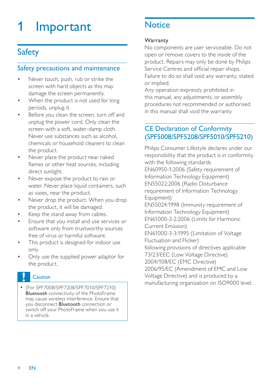 1 important, Notice, Safety | Philips SPF7010 User Manual | Page 4 / 60