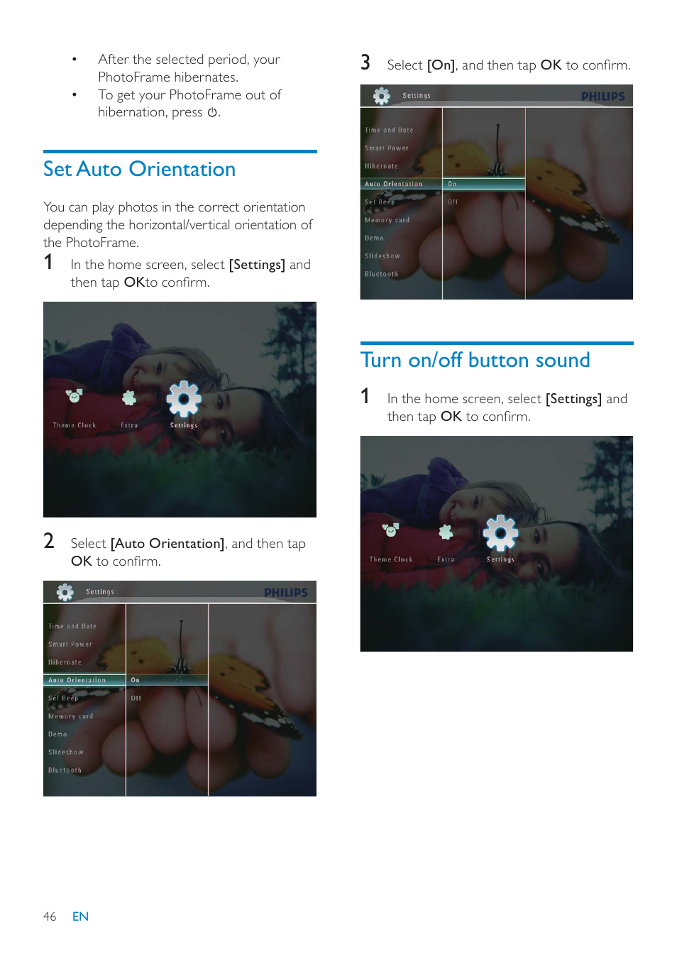 Turn on/off button sound 1, Set auto orientation | Philips SPF7010 User Manual | Page 46 / 60