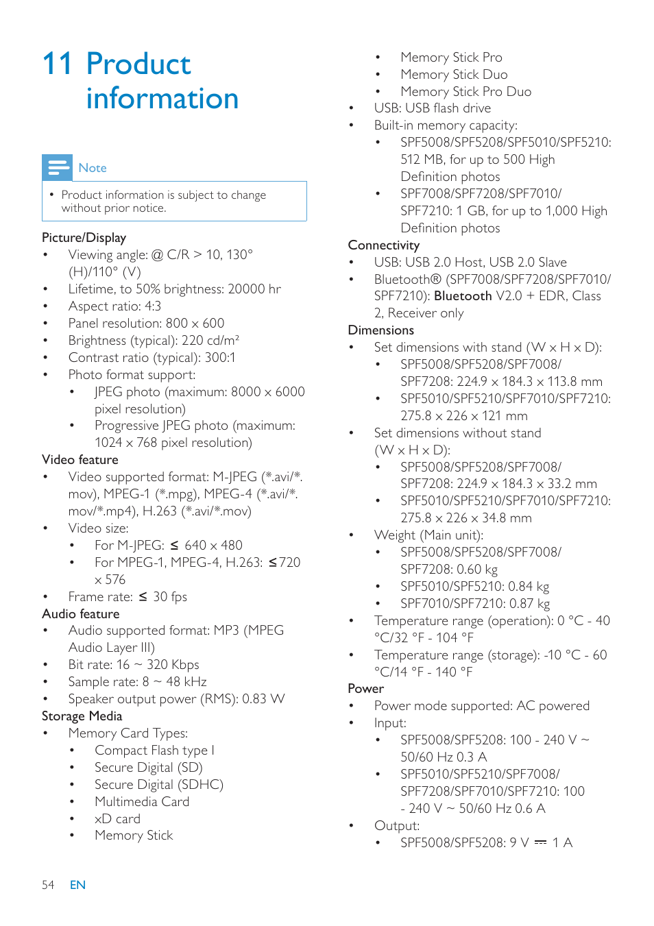 11 product information | Philips SPF7010 User Manual | Page 54 / 60