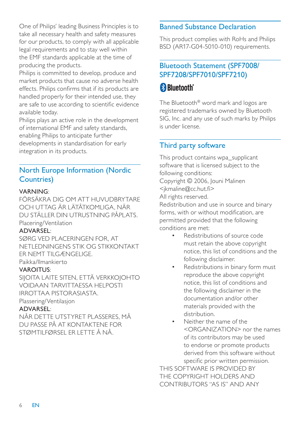 Banned substance declaration, Third party software, North europe information (nordic countries) | Philips SPF7010 User Manual | Page 6 / 60