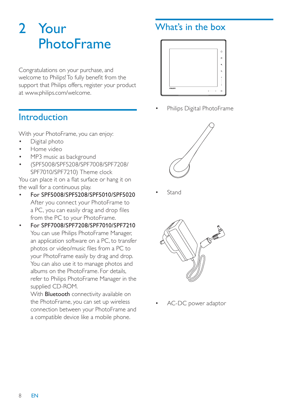 2 your photoframe, What’s in the box, Introduction | Philips SPF7010 User Manual | Page 8 / 60