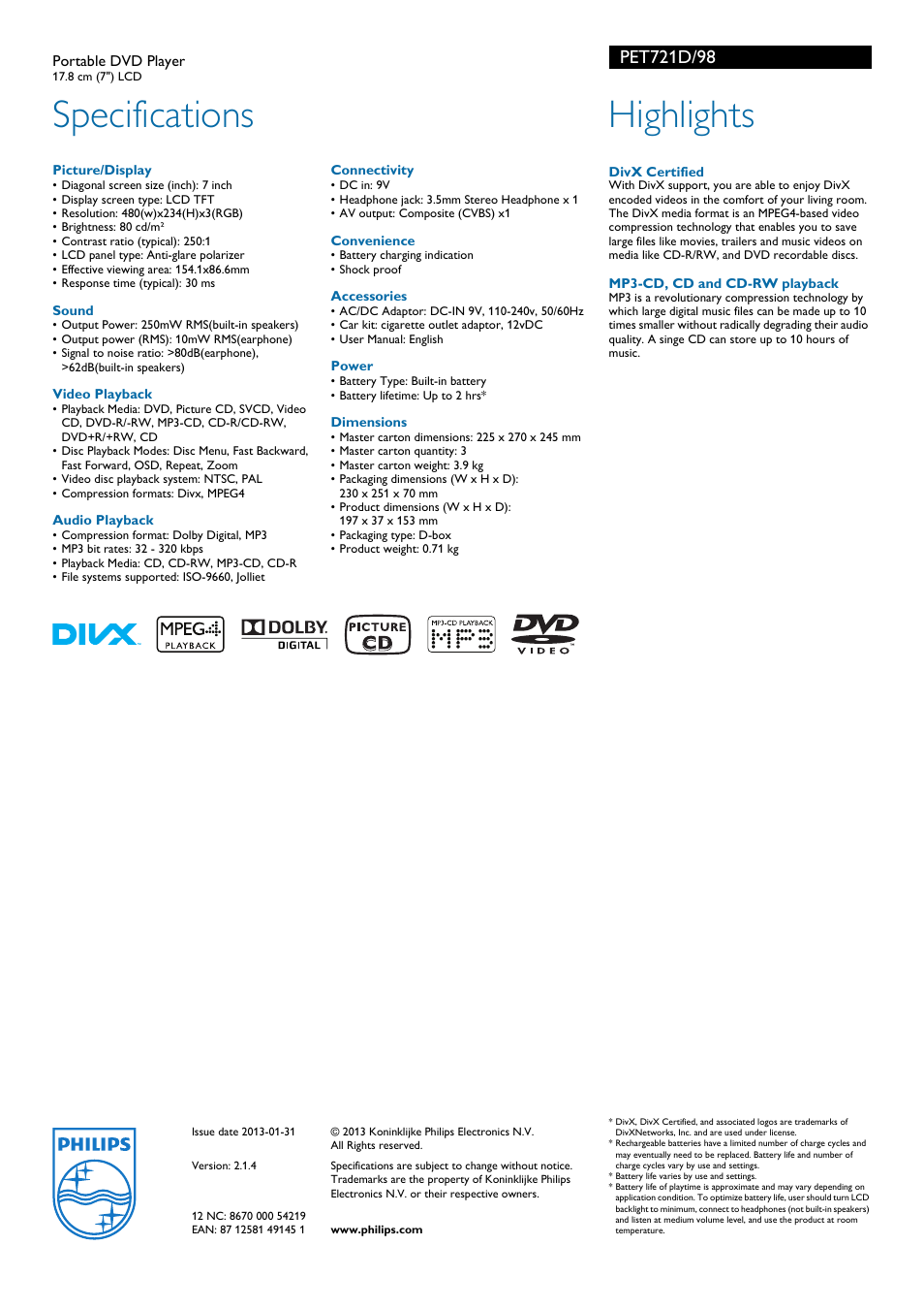 Specifications, Highlights | Philips PET721D/98 User Manual | Page 2 / 2