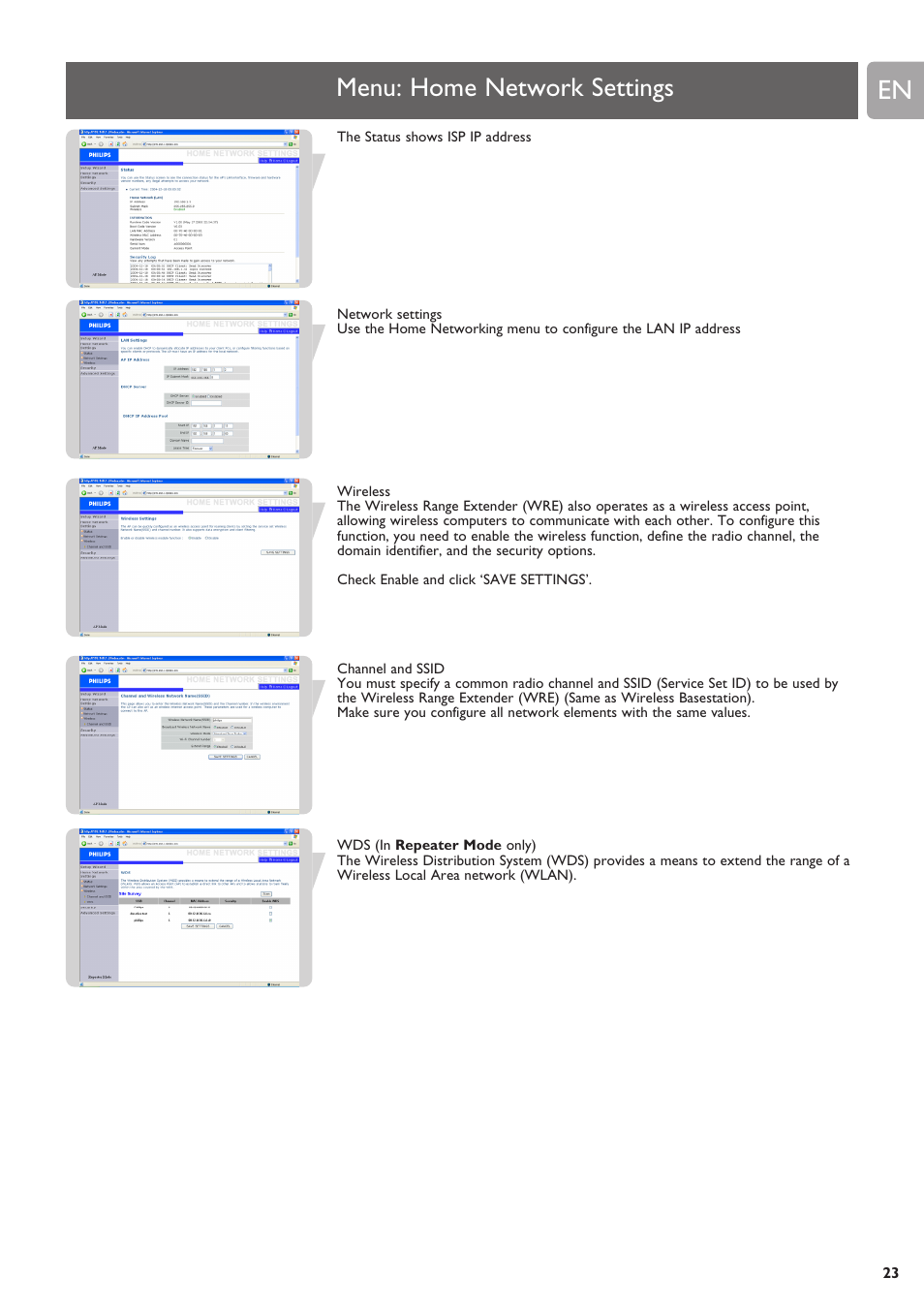 Menu: home network settings | Philips SNR6500 User Manual | Page 22 / 42