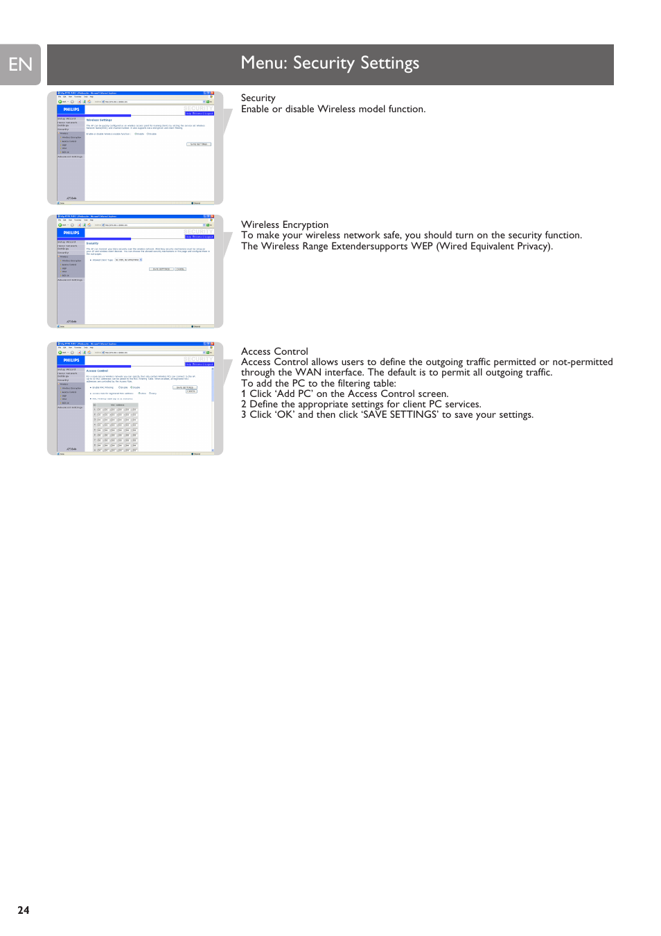 Menu: security settings | Philips SNR6500 User Manual | Page 23 / 42