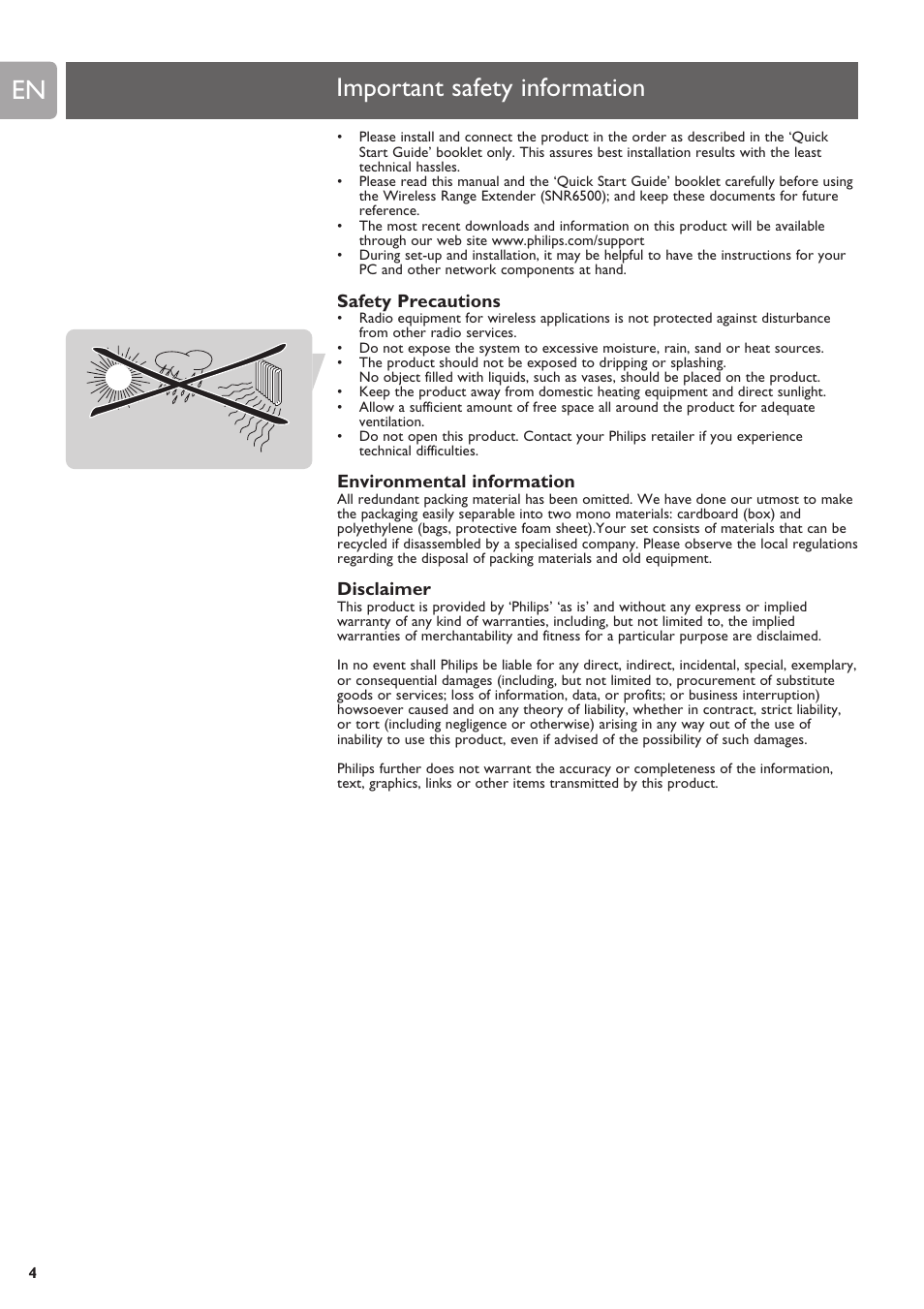 Important safety information, Safety precautions, Environmental information | Disclaimer | Philips SNR6500 User Manual | Page 3 / 42