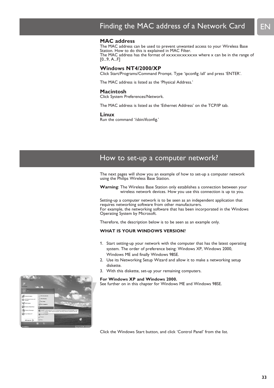 Finding the mac address of a network card, How to set-up a computer network | Philips SNR6500 User Manual | Page 32 / 42