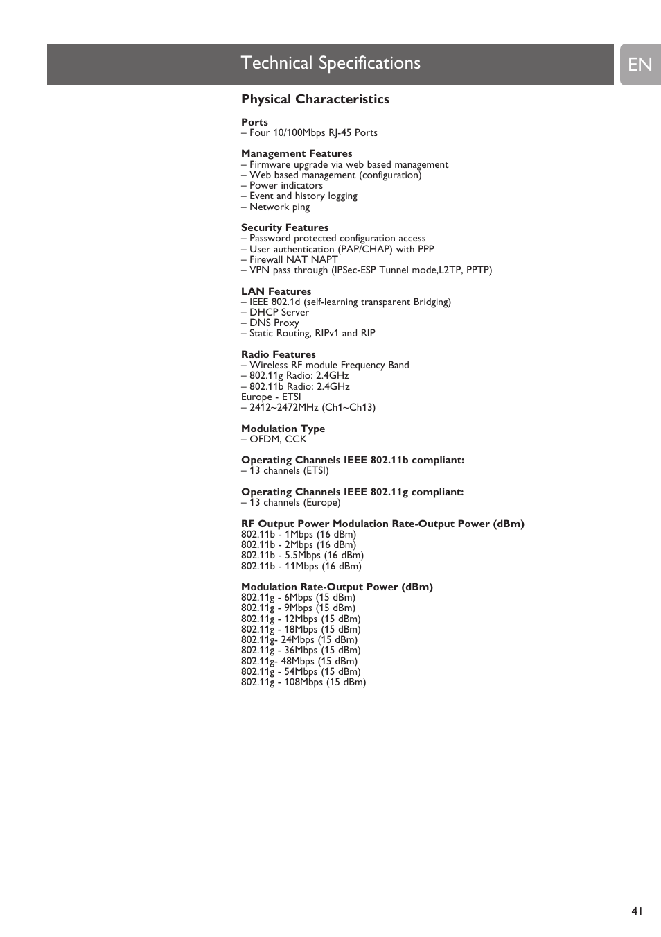 Technical specifications | Philips SNR6500 User Manual | Page 40 / 42