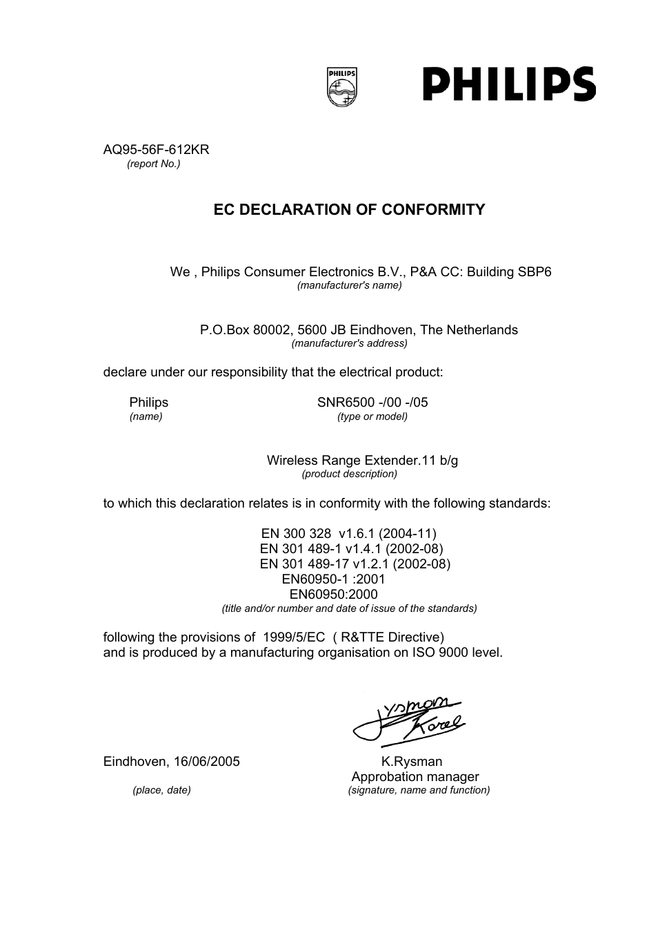 Ec declaration of conformity | Philips SNR6500 User Manual | Page 41 / 42