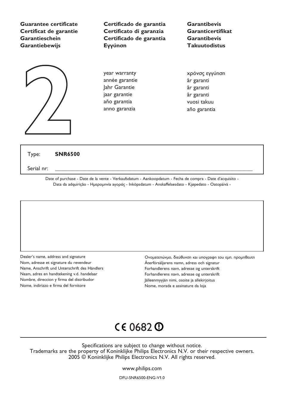 Guarantee certificate | Philips SNR6500 User Manual | Page 42 / 42