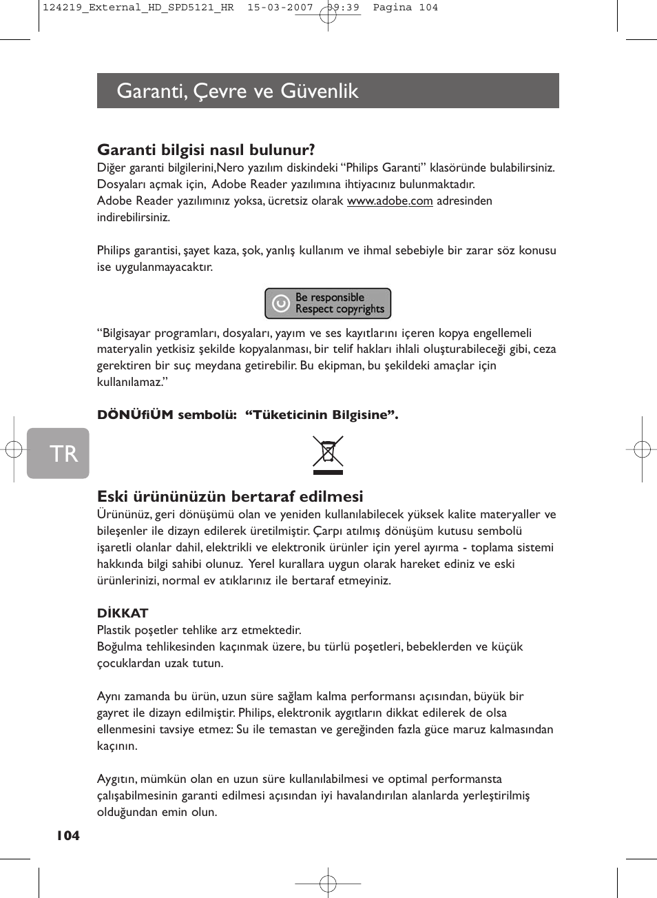 Garanti, çevre ve güvenlik | Philips SPD5121 User Manual | Page 104 / 106