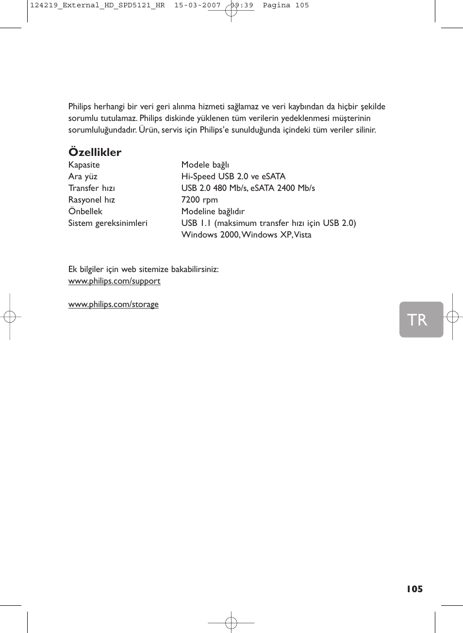 Özellikler | Philips SPD5121 User Manual | Page 105 / 106