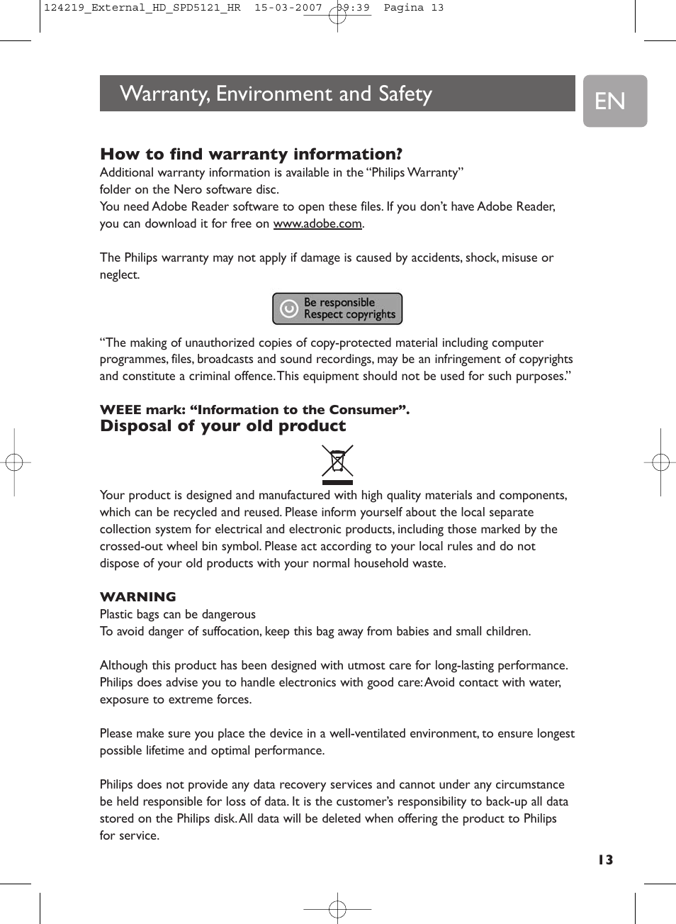 Warranty, environment and safety | Philips SPD5121 User Manual | Page 13 / 106