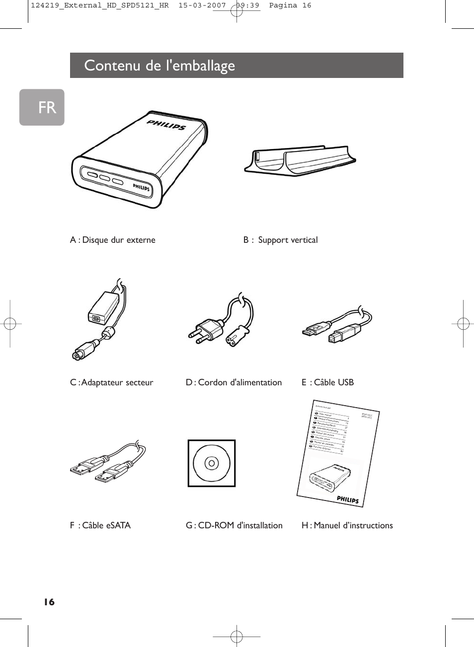 Contenu de l'emballage | Philips SPD5121 User Manual | Page 16 / 106