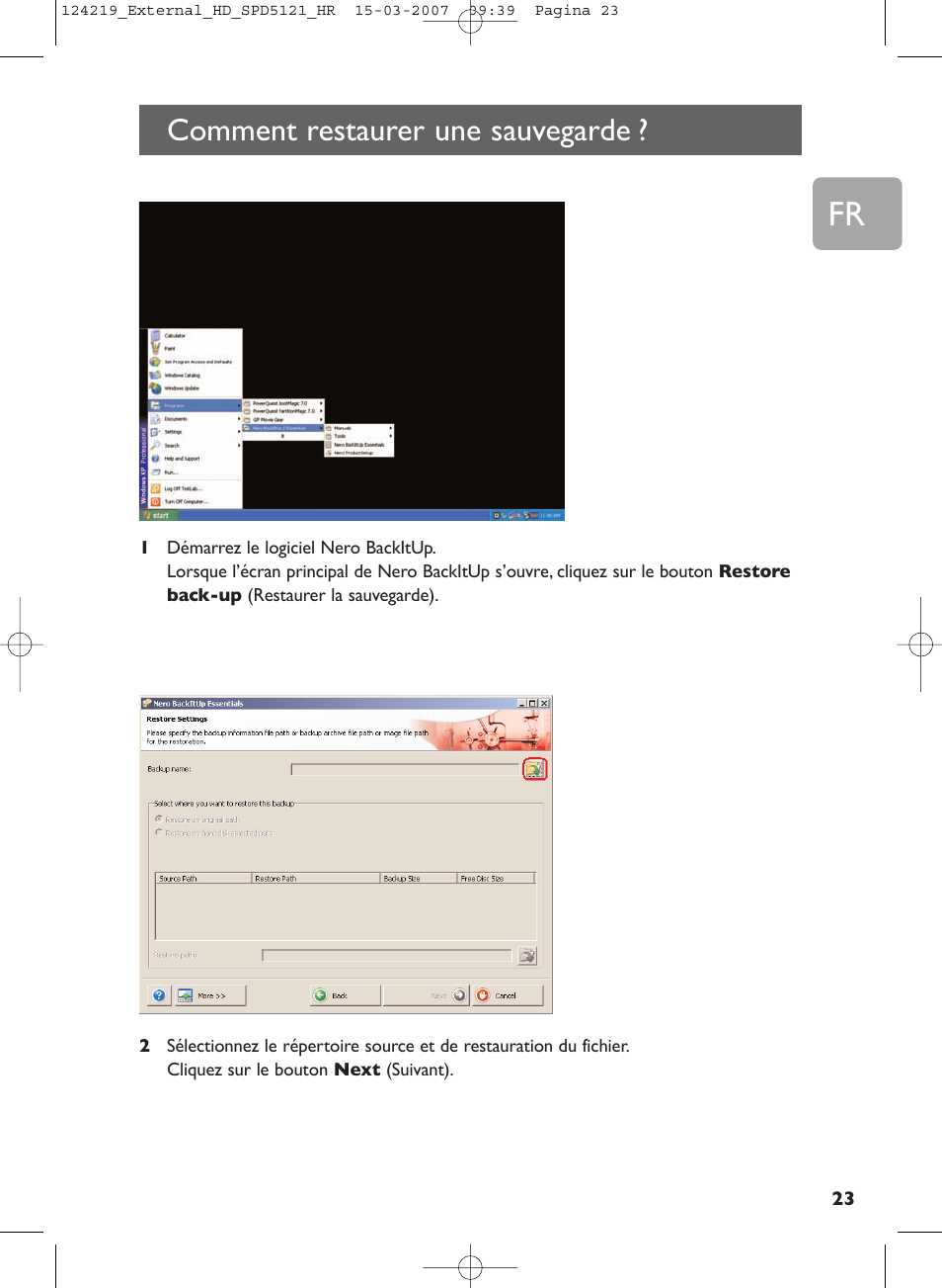 Comment restaurer une sauvegarde | Philips SPD5121 User Manual | Page 23 / 106