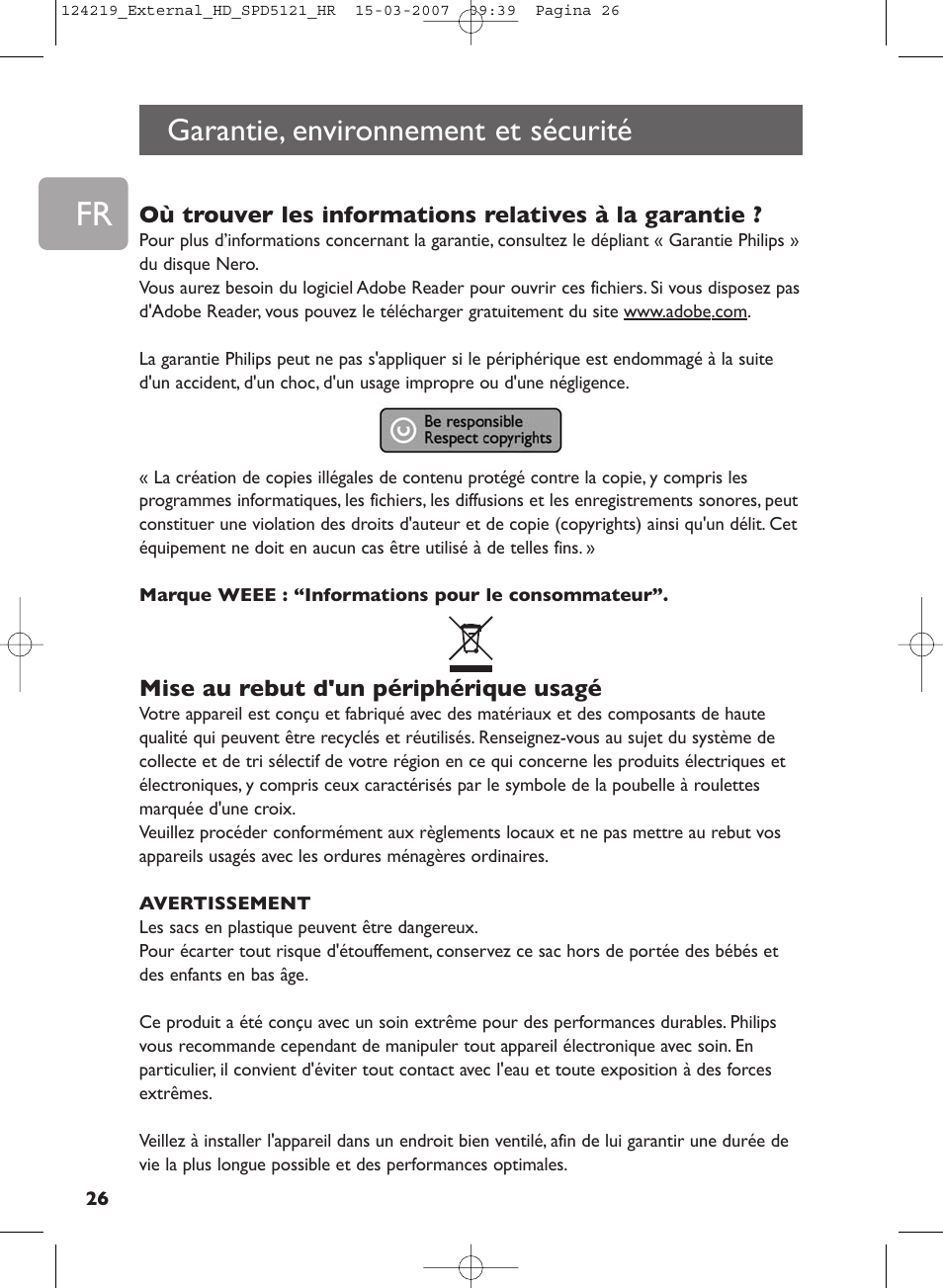 Garantie, environnement et sécurité | Philips SPD5121 User Manual | Page 26 / 106