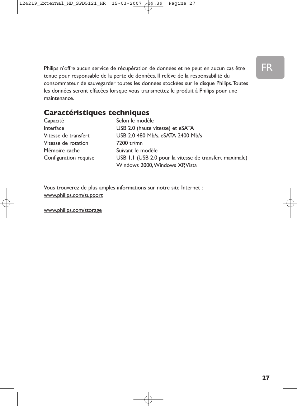 Caractéristiques techniques | Philips SPD5121 User Manual | Page 27 / 106