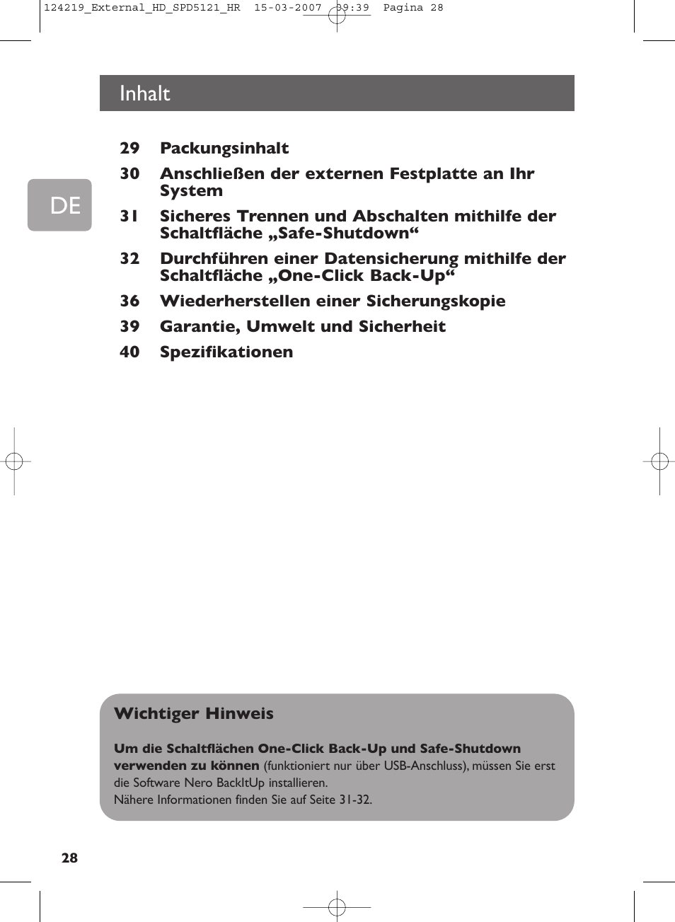 Inhalt, Benutzerhandbuch | Philips SPD5121 User Manual | Page 28 / 106