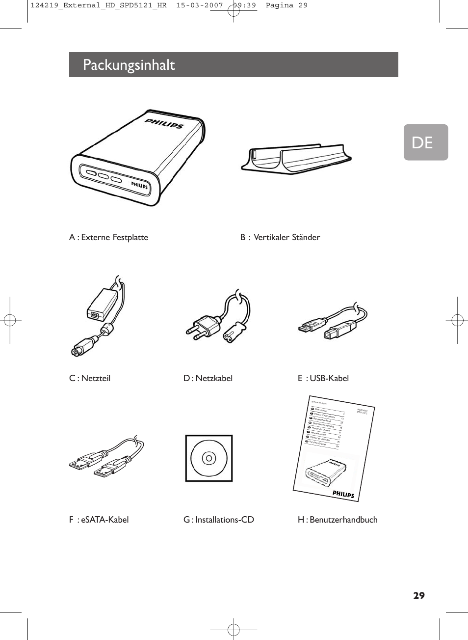 Packungsinhalt | Philips SPD5121 User Manual | Page 29 / 106