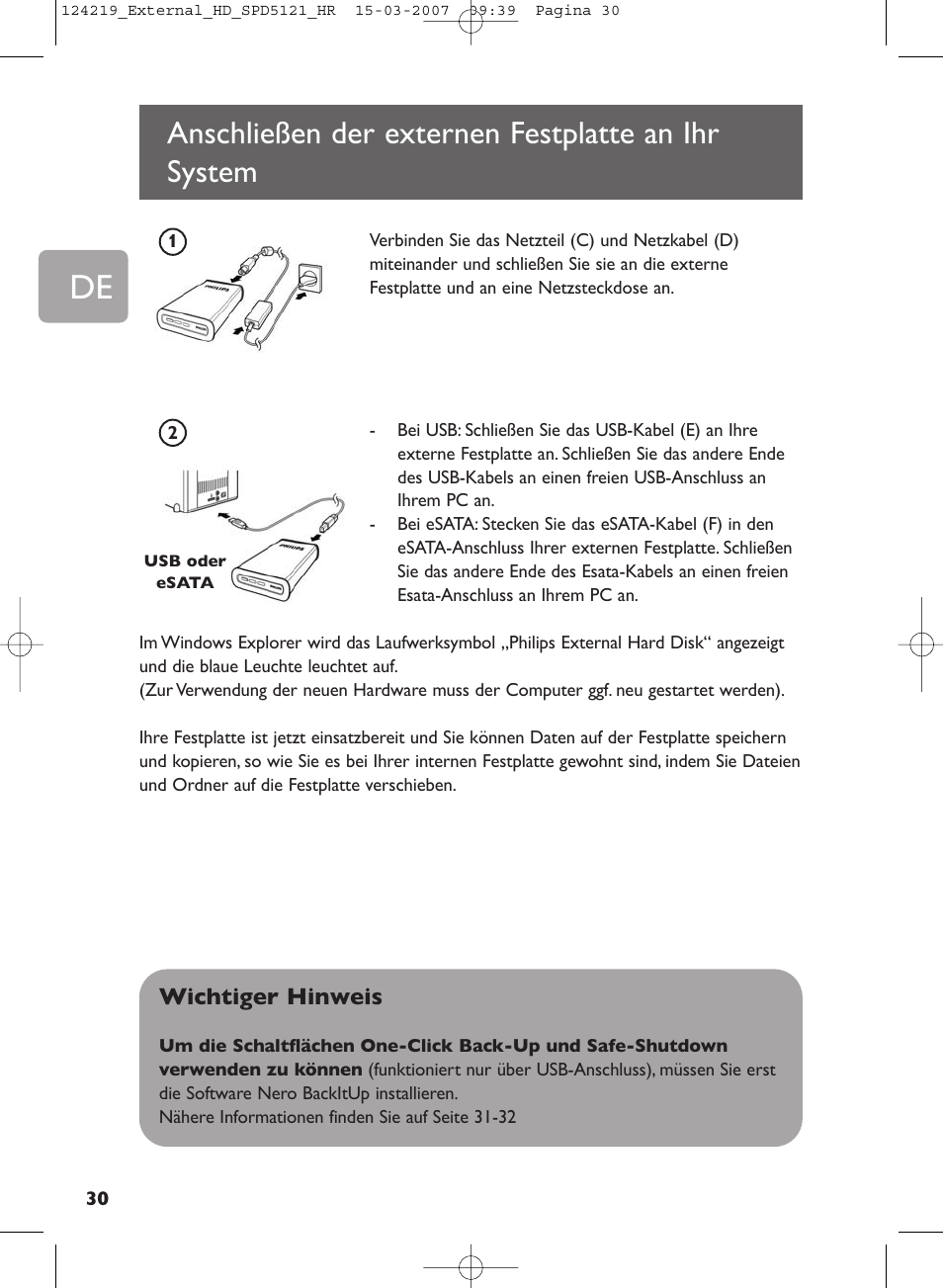 Anschließen der externen festplatte an ihr system, Anschließen der externen festplatte an ihr, System | Philips SPD5121 User Manual | Page 30 / 106