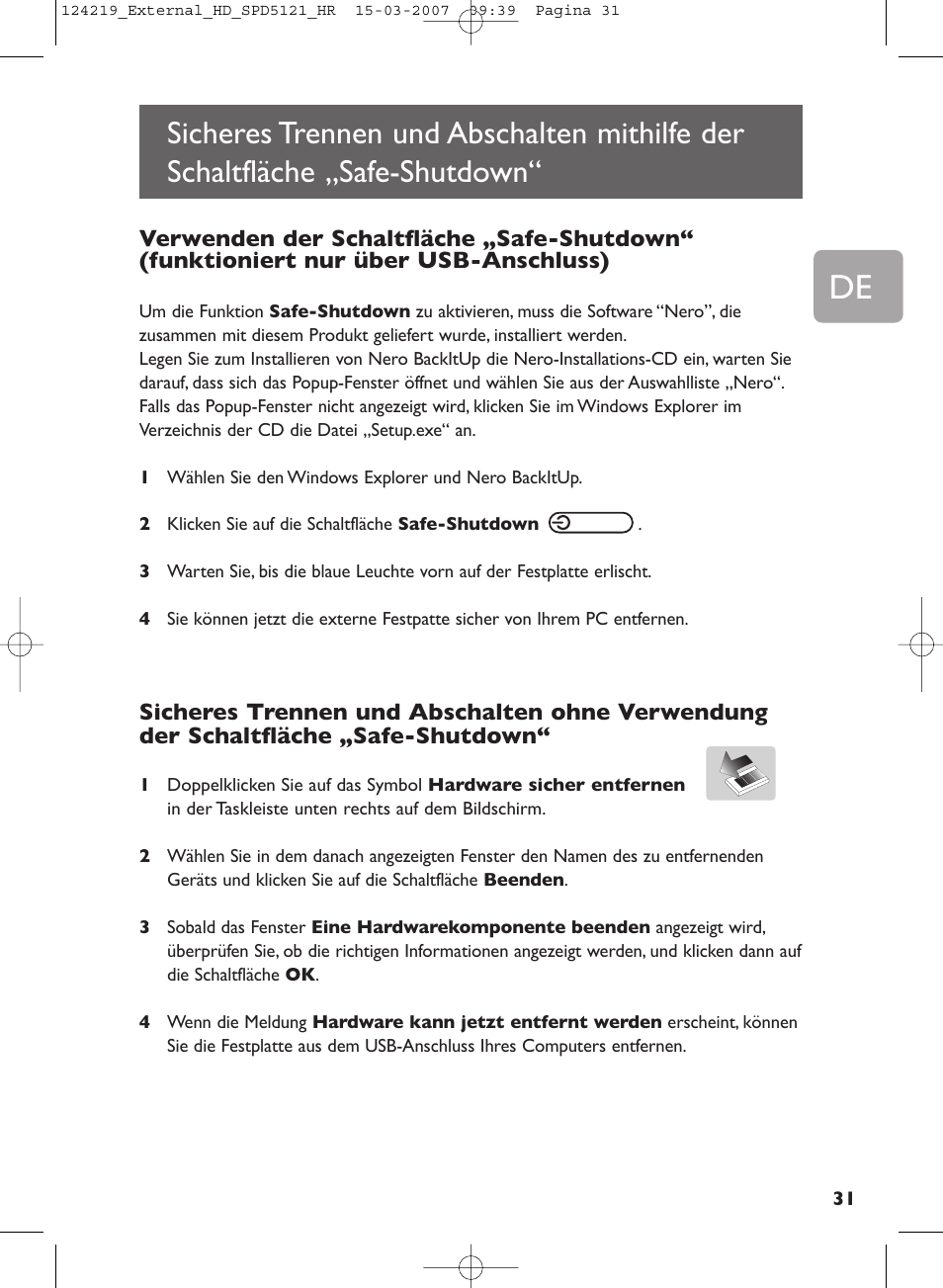 Sicheres trennen und abschalten mithilfe der, Schaltfläche „safe-shutdown | Philips SPD5121 User Manual | Page 31 / 106