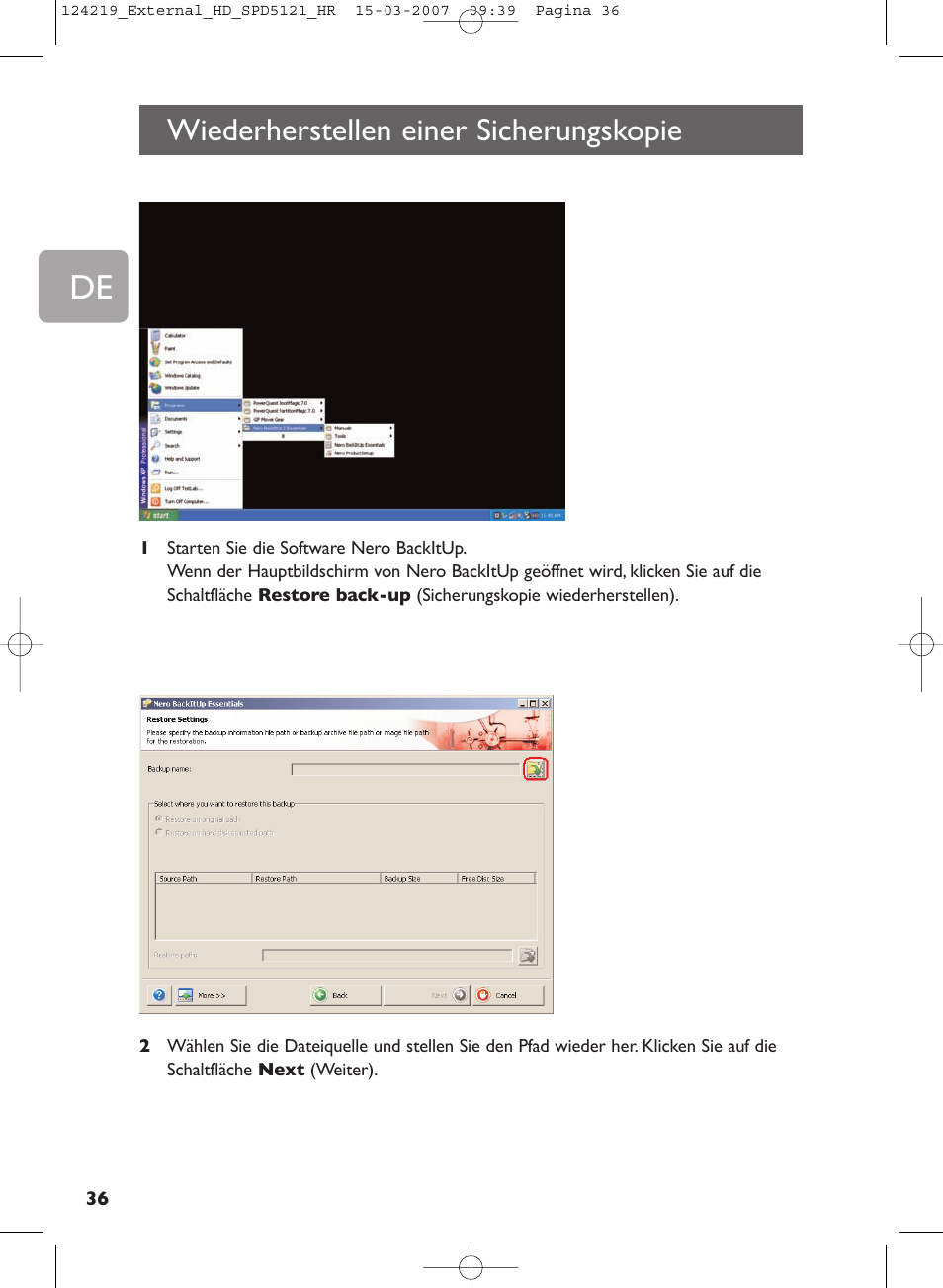 Wiederherstellen einer sicherungskopie | Philips SPD5121 User Manual | Page 36 / 106
