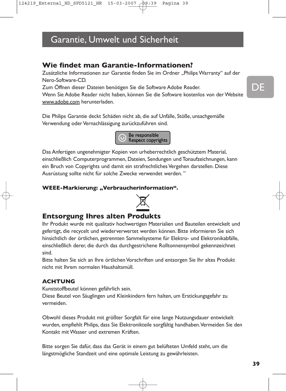 Garantie, umwelt und sicherheit | Philips SPD5121 User Manual | Page 39 / 106