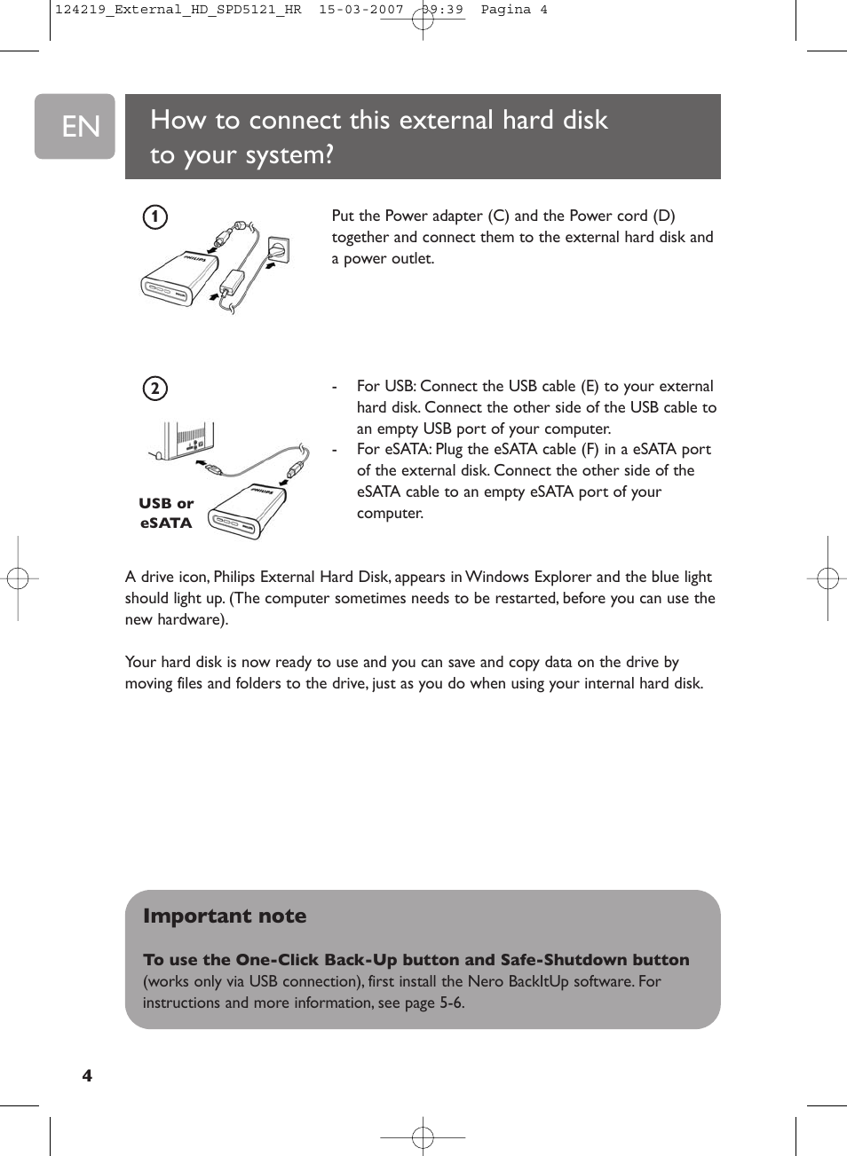 How to connect this external hard disk to, Your computer | Philips SPD5121 User Manual | Page 4 / 106