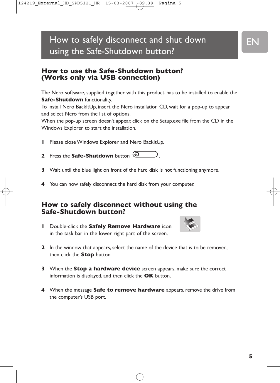 How to safely disconnect and shut down using, The safe-shutdown button | Philips SPD5121 User Manual | Page 5 / 106