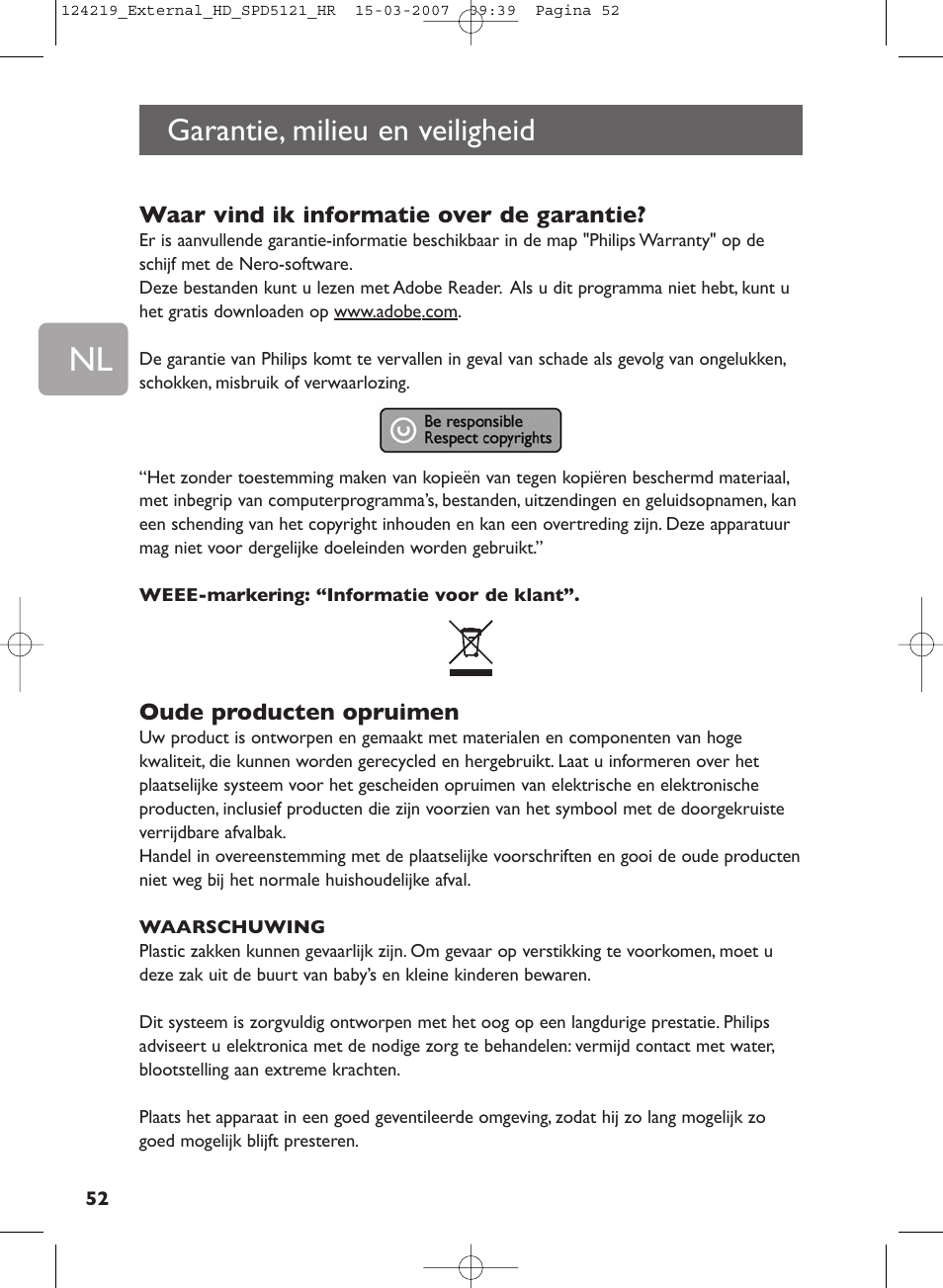 Garantie, milieu en veiligheid | Philips SPD5121 User Manual | Page 52 / 106