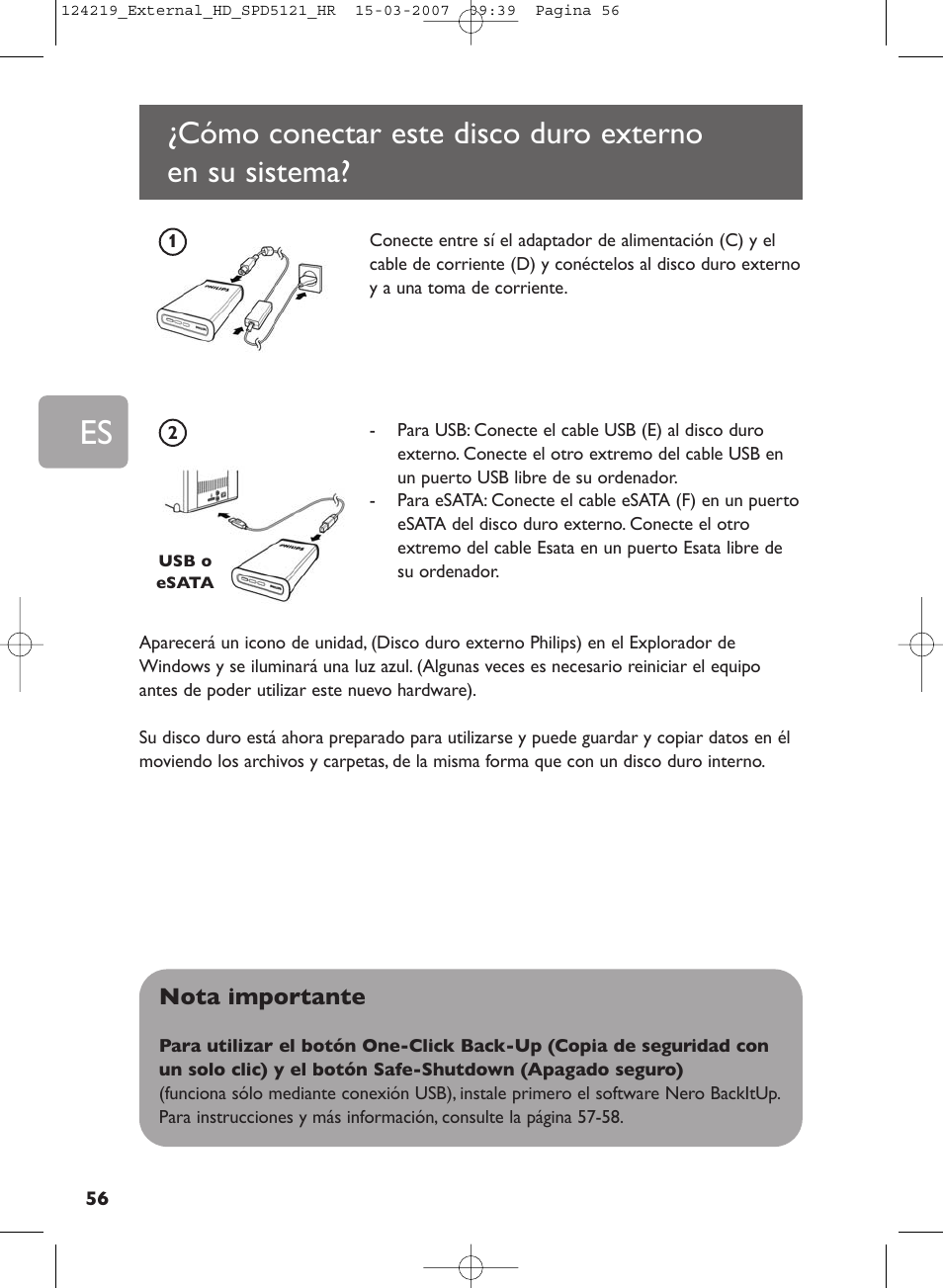 Cómo conectar este disco duro externo, En su sistema | Philips SPD5121 User Manual | Page 56 / 106