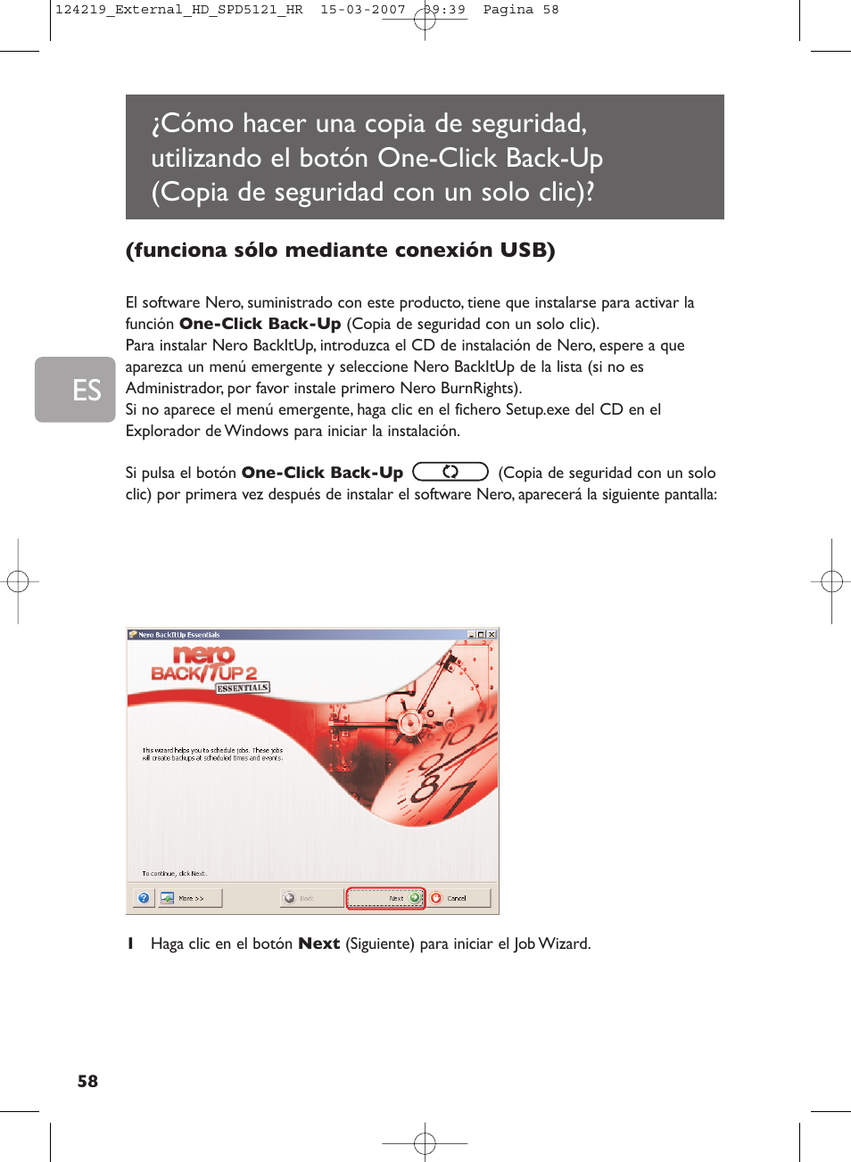 Cómo hacer una copia de seguridad, utilizando, El botón one-click back-up (copia de seguridad, Con un solo clic) | Philips SPD5121 User Manual | Page 58 / 106