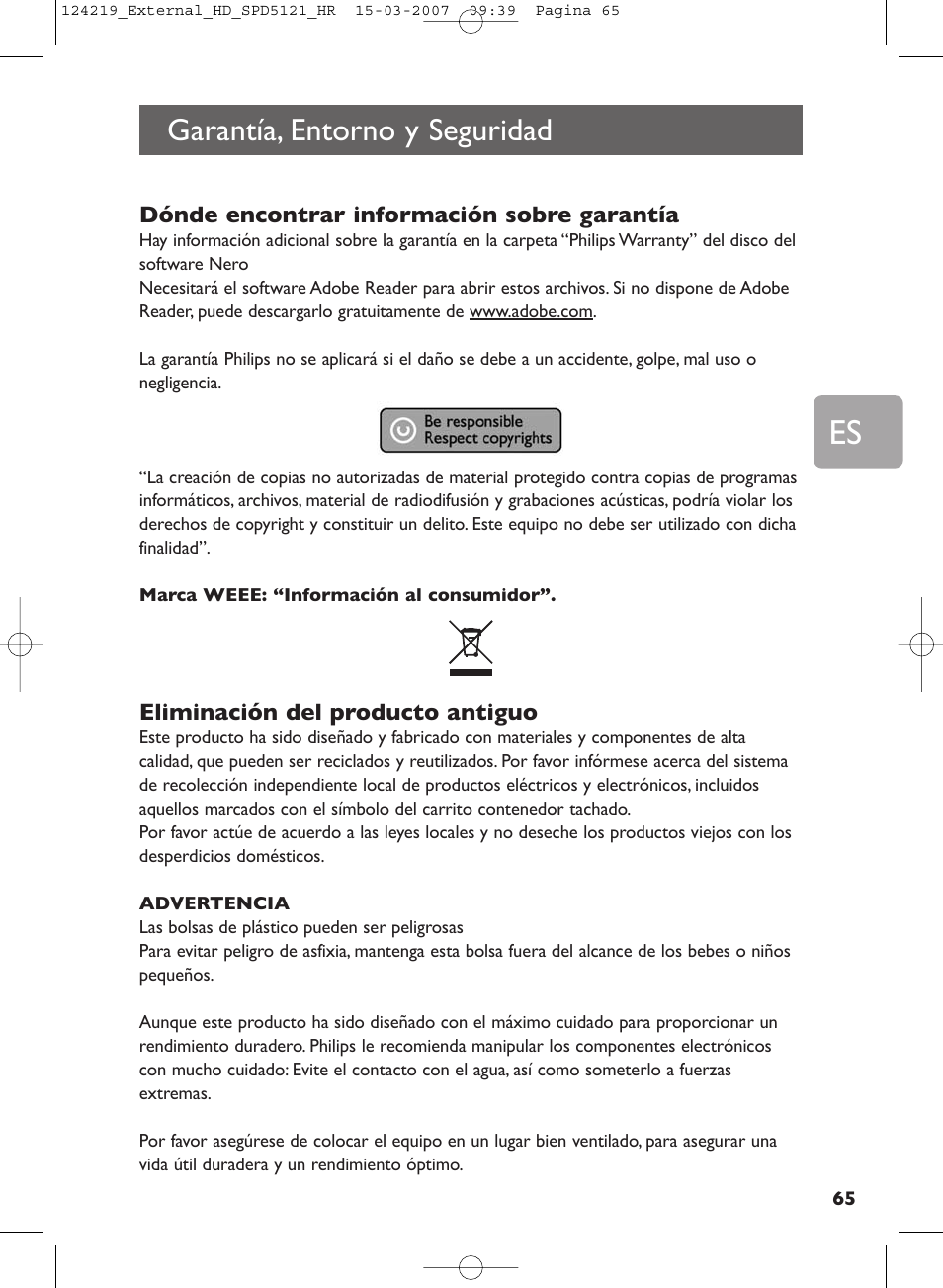 Garantía, entorno y seguridad | Philips SPD5121 User Manual | Page 65 / 106