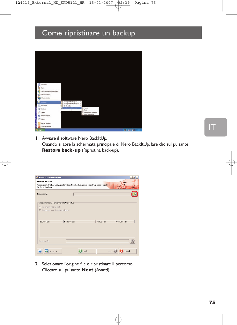 Come ripristinare un backup | Philips SPD5121 User Manual | Page 75 / 106