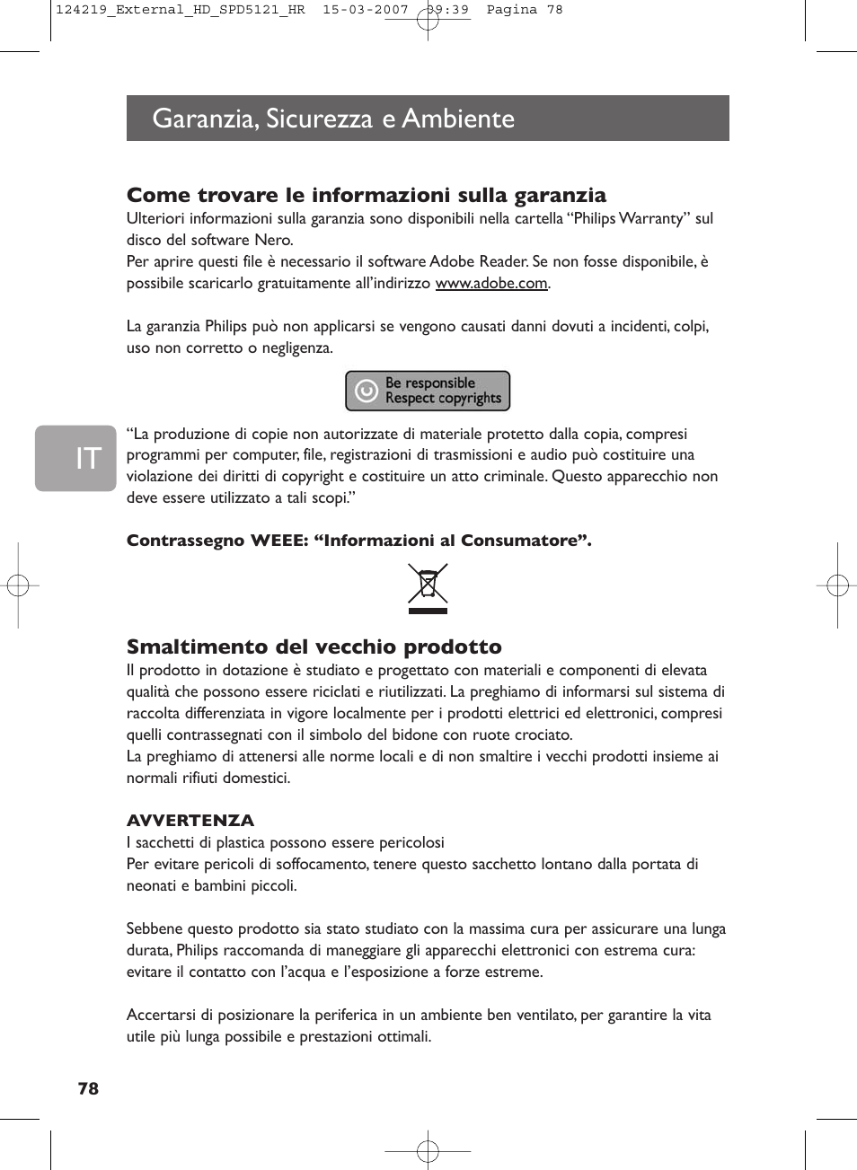 Garanzia, sicurezza e ambiente | Philips SPD5121 User Manual | Page 78 / 106