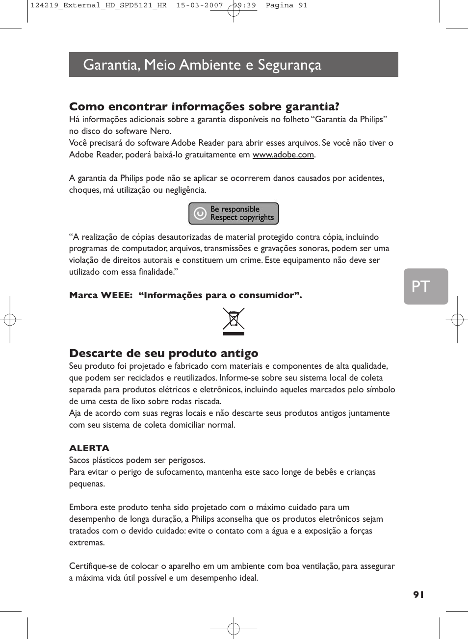 Garantia, meio ambiente e segurança | Philips SPD5121 User Manual | Page 91 / 106