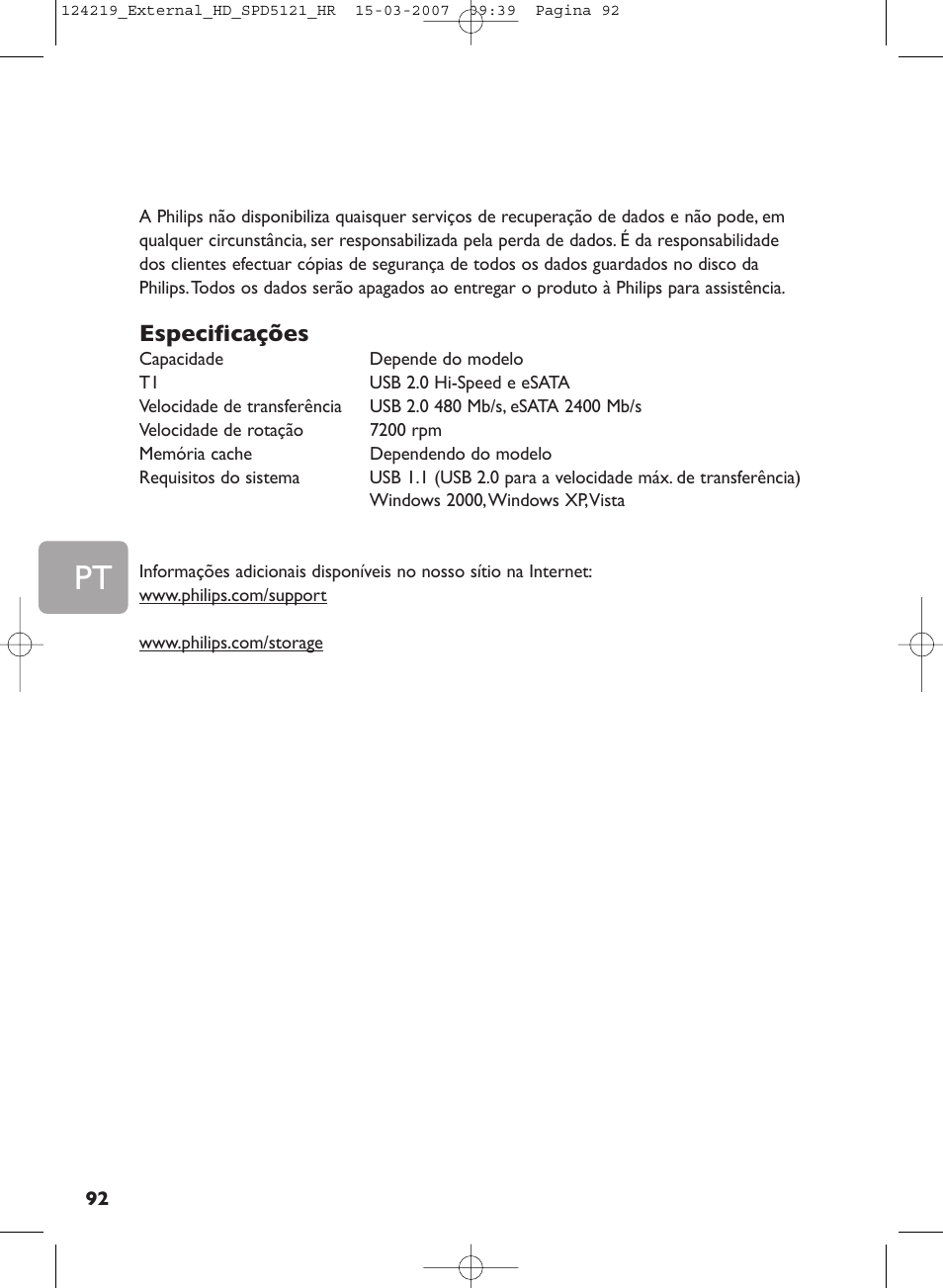 Especificações | Philips SPD5121 User Manual | Page 92 / 106