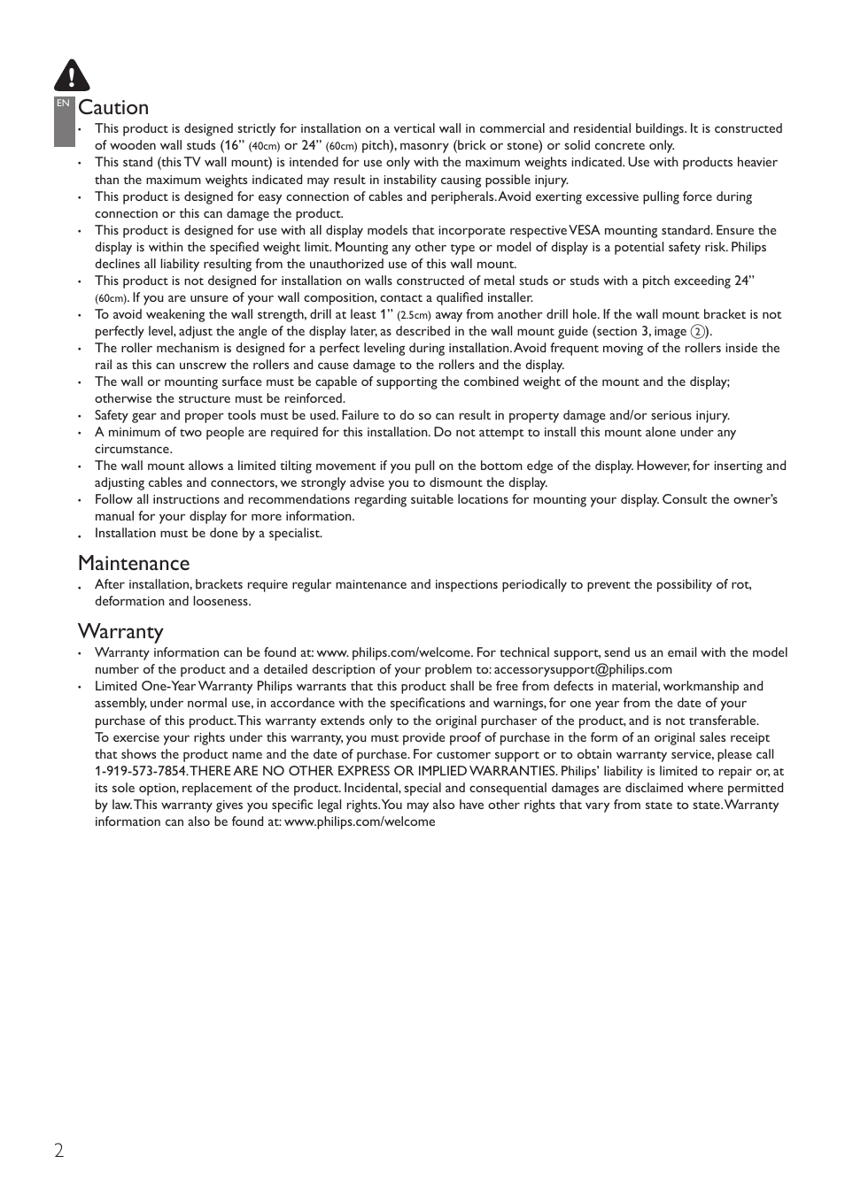 Caution, Maintenance, Warranty | Philips SQM6325/27 User Manual | Page 2 / 16