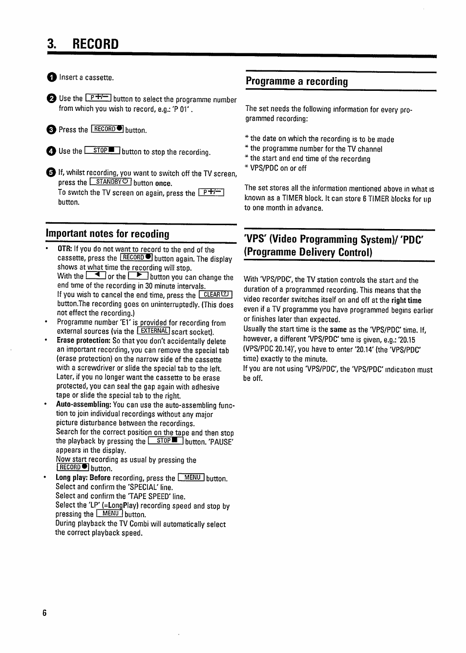 Record, Programme a recording, Important notes for recoding | Philips 14PV182/39 User Manual | Page 10 / 16