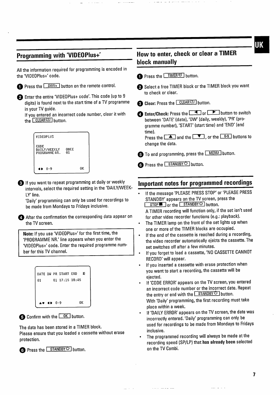 Programming with 'vldeopius, Important notes for programmed recordings, Programming with 'videopius | Philips 14PV182/39 User Manual | Page 11 / 16
