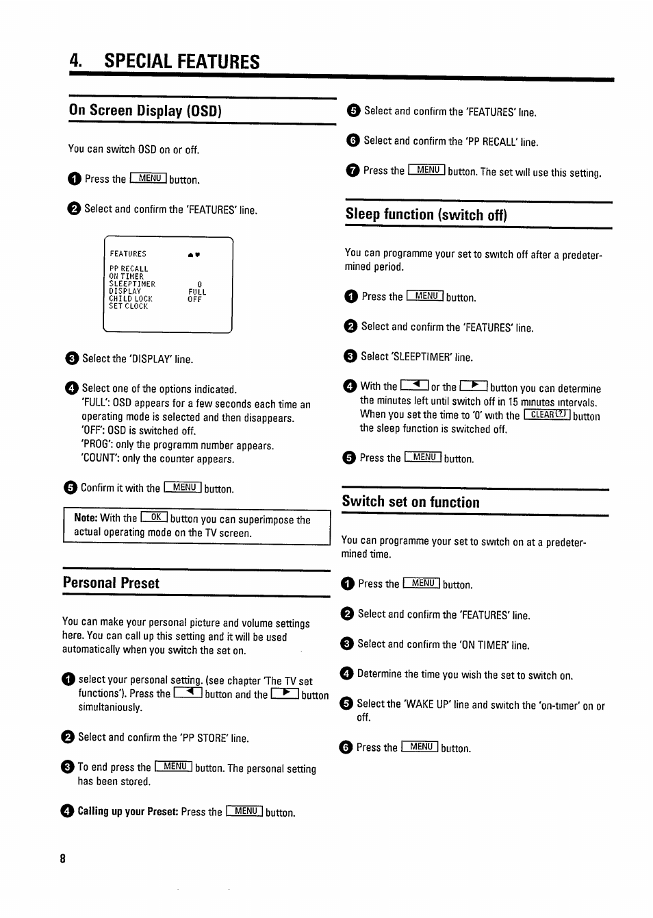 Special features, On screen display (osd), Personal preset | Sleep function (switch off), Switch set on function | Philips 14PV182/39 User Manual | Page 12 / 16