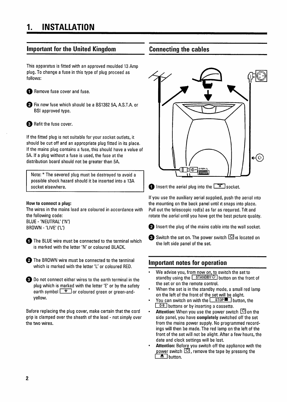 Installation, Important notes for operation | Philips 14PV182/39 User Manual | Page 6 / 16