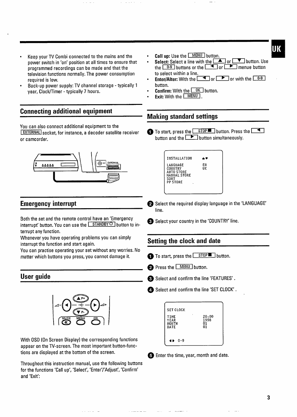 Connecting additional equipment, Making standard settings, Emergency interrupt | User guide, Setting the clock and date | Philips 14PV182/39 User Manual | Page 7 / 16